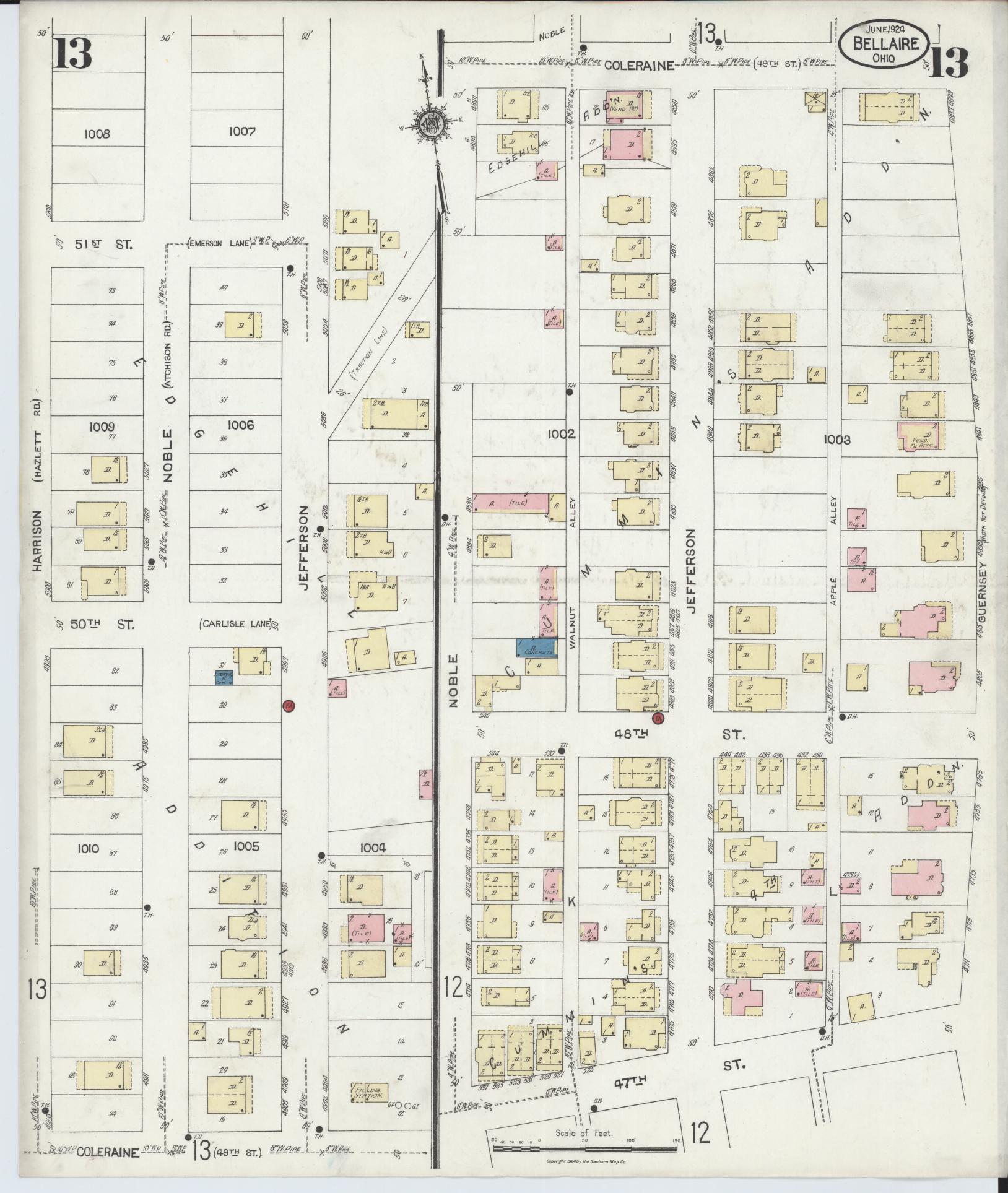 Sanborn Fire Insurance Map from Bellaire, Belmont County, Ohio (1924), Sheet #0013 - Historic Sanborn Fire Insurance Map Print, vintage old map wall art, antique decor, genealogy gift, Ohio Ohio map