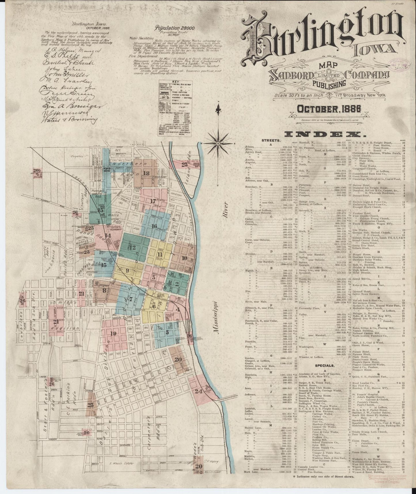 Sanborn Fire Insurance Map from Burlington, Des Moines County, Iowa (1888), Sheet #0001 - Historic Sanborn Fire Insurance Map Print, vintage old map wall art