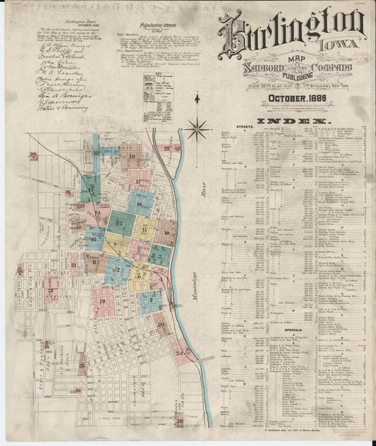 Sanborn Fire Insurance Map from Burlington, Des Moines County, Iowa (1888), Sheet #0001 - Historic Sanborn Fire Insurance Map Print, vintage old map wall art