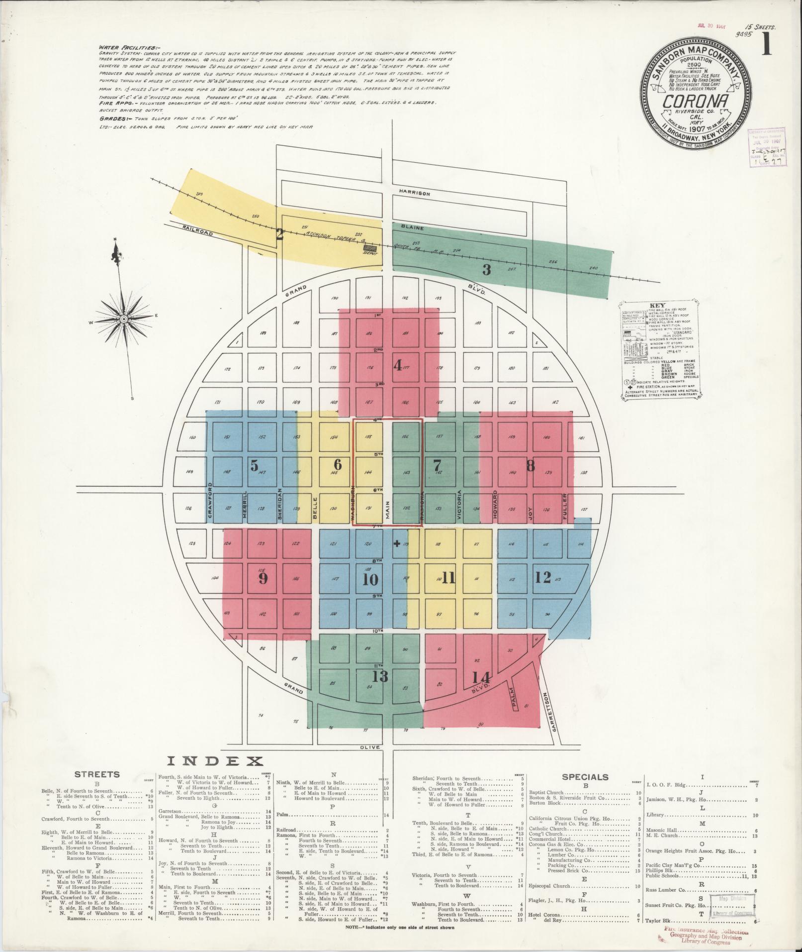 Sanborn Fire Insurance Map from Corona, Riverside County, California (1907), Sheet #0001 - Complete Map Set gallery image, historic Sanborn map, vintage wall art, California California