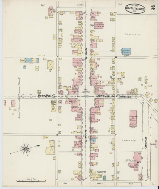Sanborn Fire Insurance Map from Emmittsburg, Frederick County, Maryland (1890), Sheet #0002 - Historic Sanborn Fire Insurance Map Print, vintage old map wall art, antique decor, genealogy gift, Maryland Maryland map