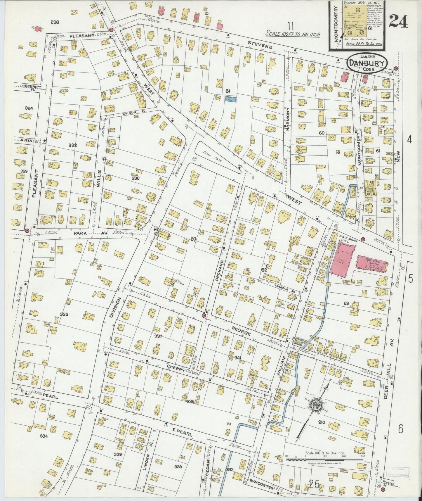 Sanborn Fire Insurance Map from Danbury, Fairfield County, Connecticut (1919), Sheet #0024 - Complete Map Set gallery image, historic Sanborn map, vintage wall art, Connecticut Connecticut