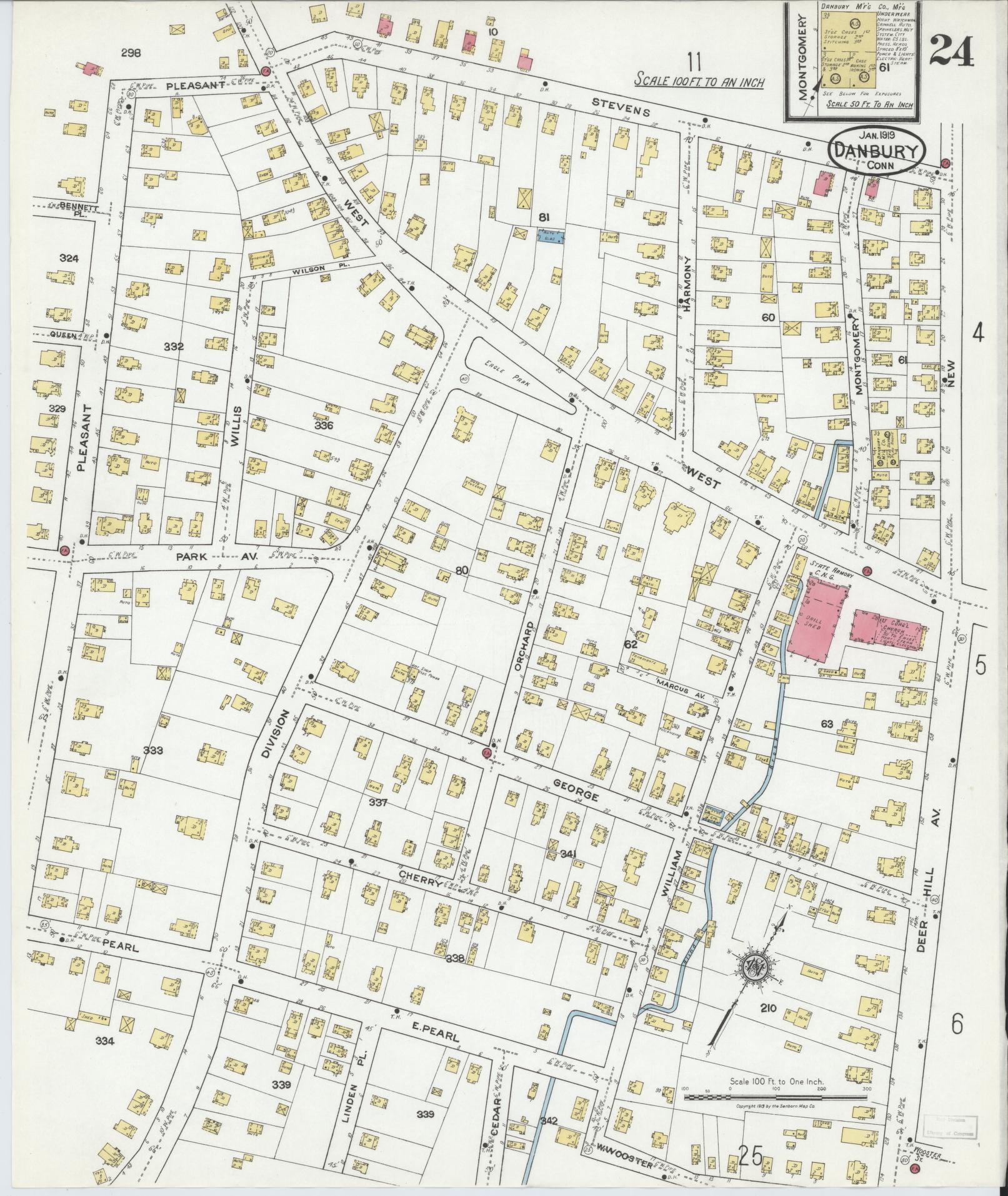 Sanborn Fire Insurance Map from Danbury, Fairfield County, Connecticut (1919), Sheet #0024 - Complete Map Set gallery image, historic Sanborn map, vintage wall art, Connecticut Connecticut