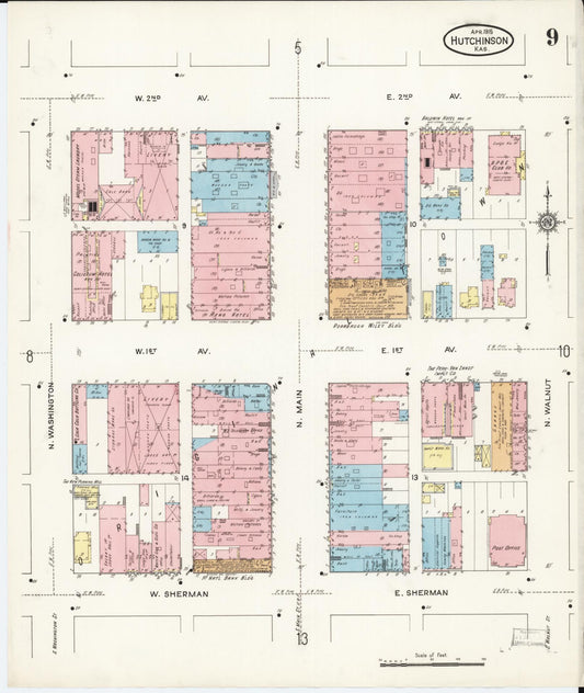 Sanborn Fire Insurance Map from Hutchinson, Reno County, Kansas (1915), Sheet #0010 - Historic Sanborn Fire Insurance Map Print, vintage old map wall art, antique decor, genealogy gift, Kansas Kansas map