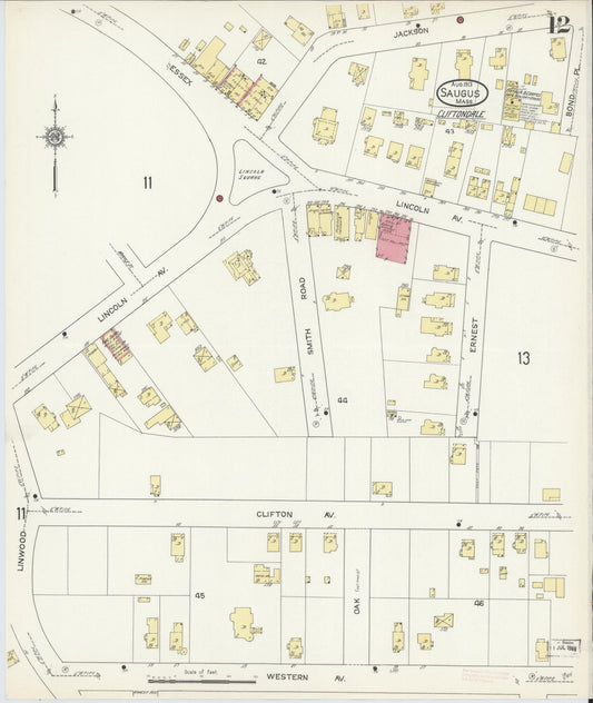 Sanborn Fire Insurance Map from Saugus, Essex County, Massachusetts (1913), Sheet #0012 - Historic Sanborn Fire Insurance Map Print, vintage old map wall art, antique decor, genealogy gift, Massachusetts Massachusetts map