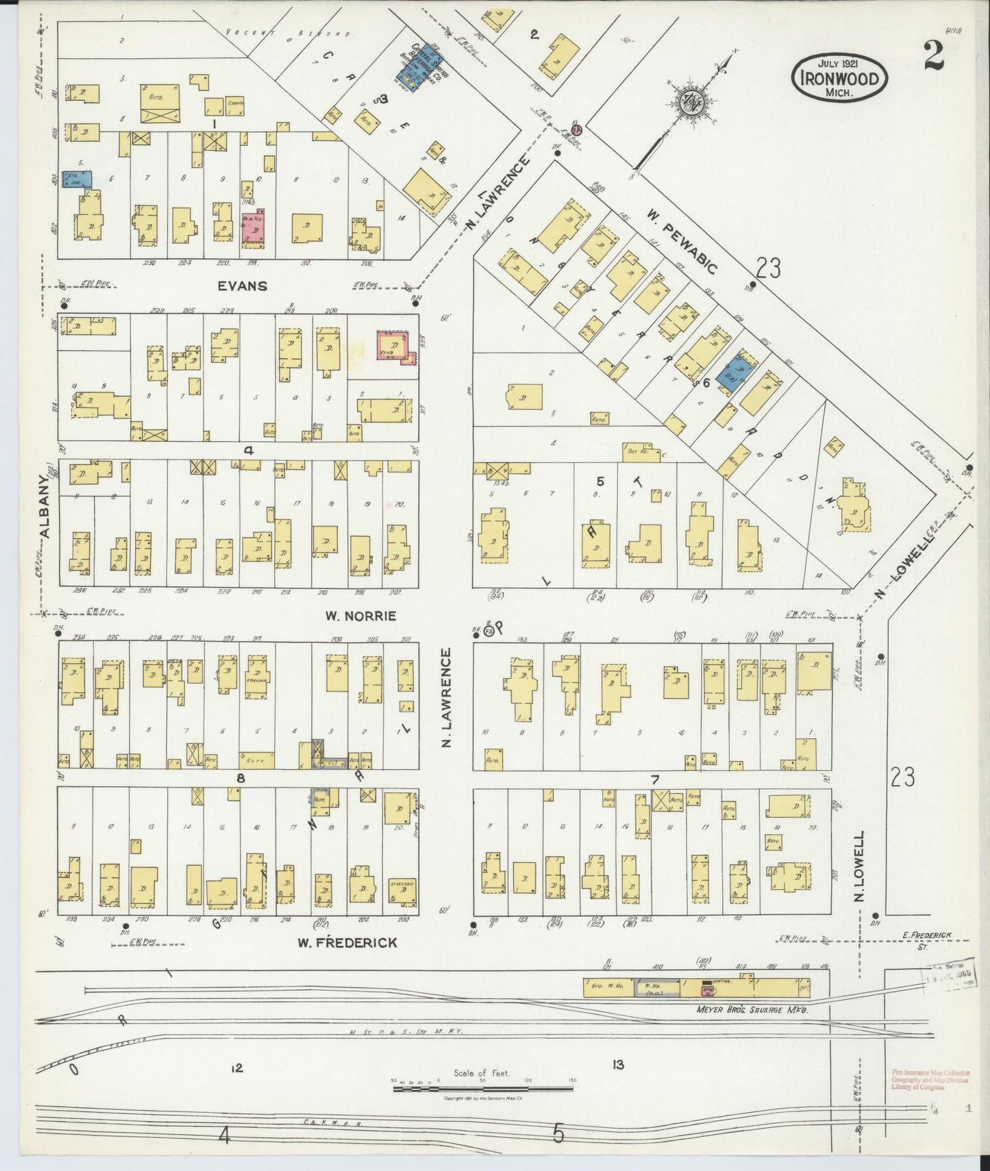 Sanborn Fire Insurance Map from Ironwood, Gogebic County, Michigan (1921), Sheet #0002 - Historic Sanborn Fire Insurance Map Print, vintage old map wall art, antique decor, genealogy gift, Michigan Michigan map
