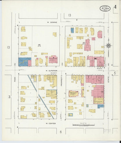 Sanborn Fire Insurance Map from Alma, Gratiot County, Michigan (1917), Sheet #0004 - Historic Sanborn Fire Insurance Map Print, vintage old map wall art, antique decor, genealogy gift, Michigan Michigan map