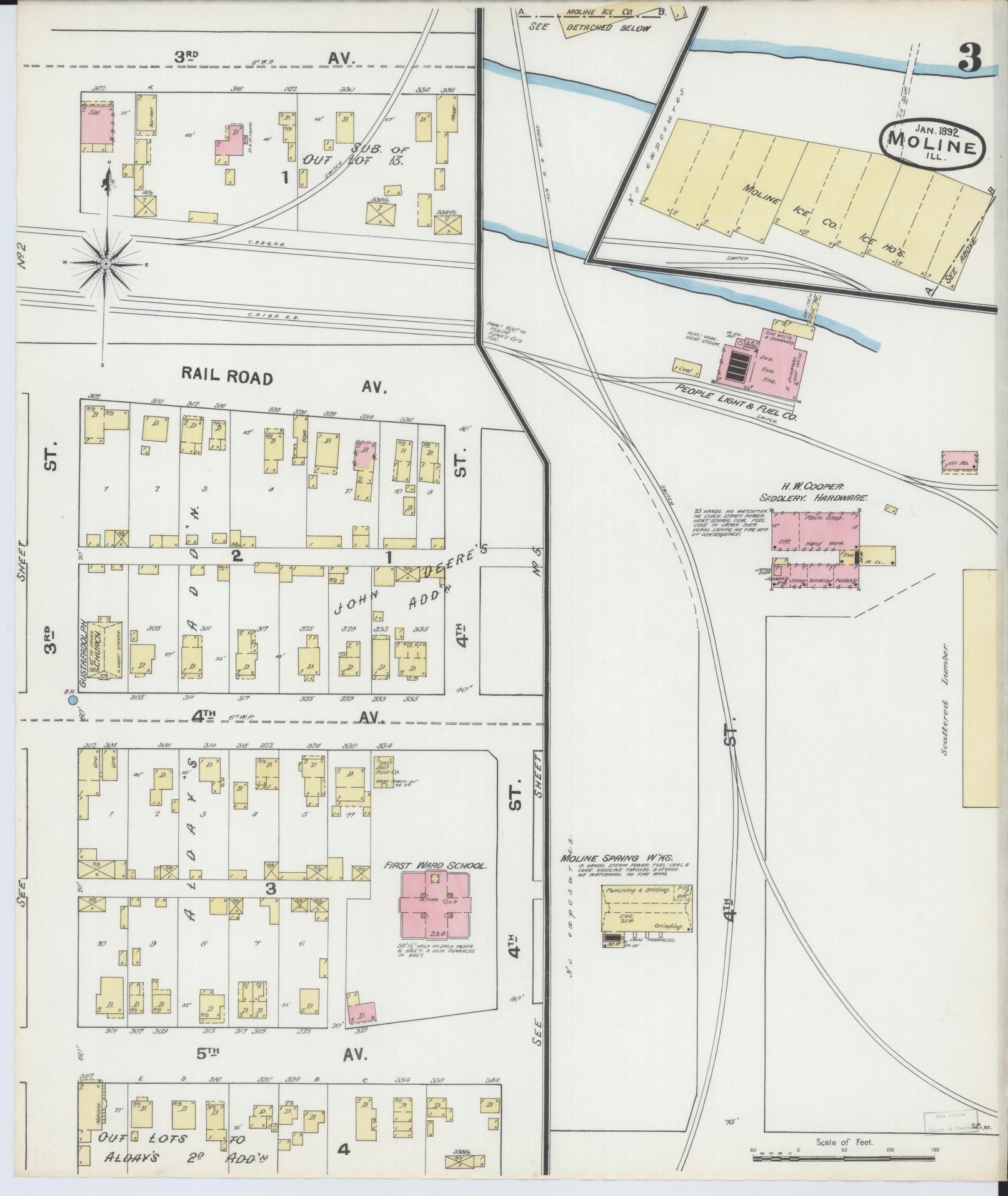 Sanborn Fire Insurance Map from Moline, Rock Island County, Illinois (1892), Sheet #0003 - Historic Sanborn Fire Insurance Map Print, vintage old map wall art, antique decor, genealogy gift, Illinois Illinois map