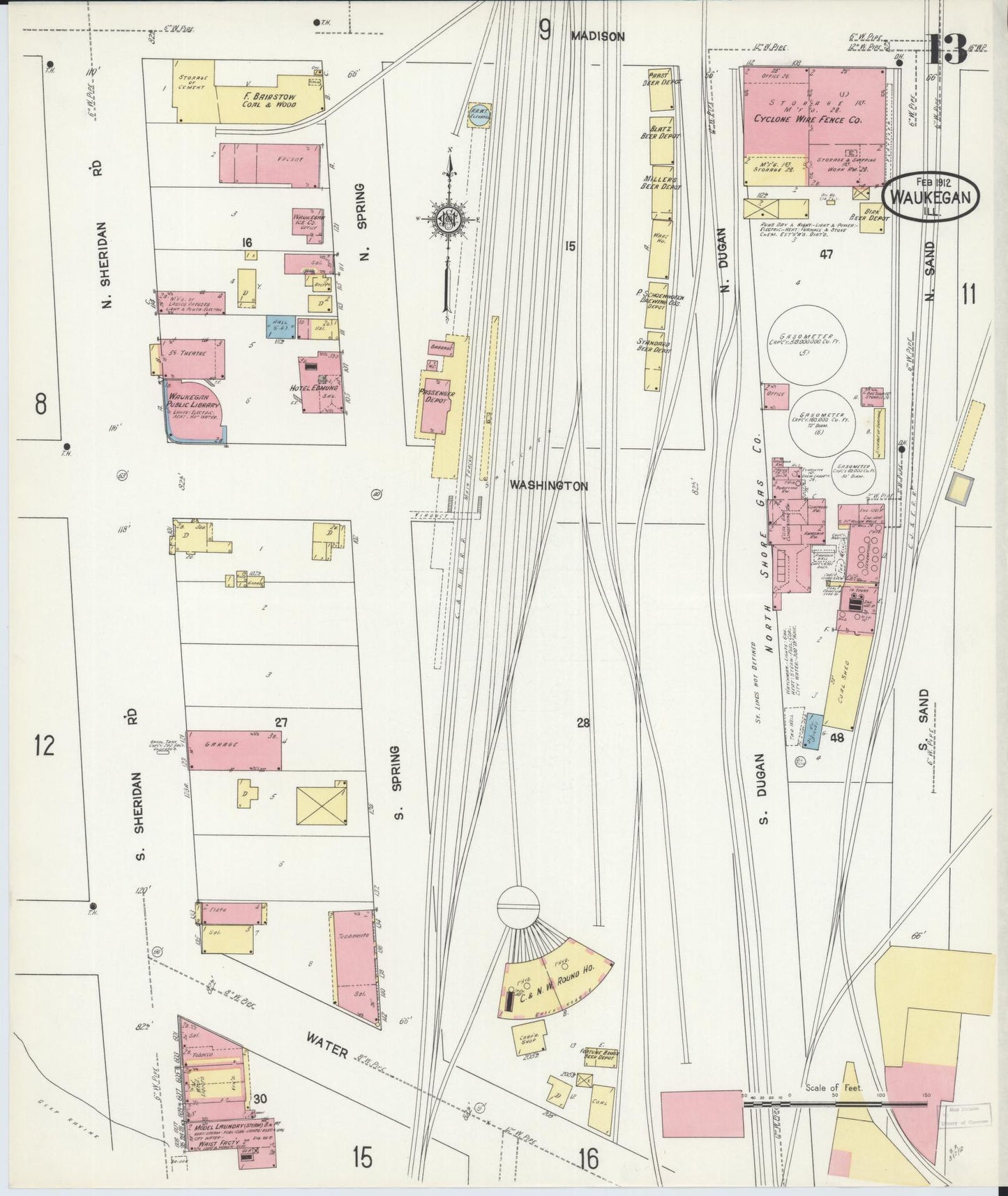 Sanborn Fire Insurance Map from Waukegan, Lake County, Illinois. (1912), Sheet 13 – Historic Sanborn Fire Insurance Map Print