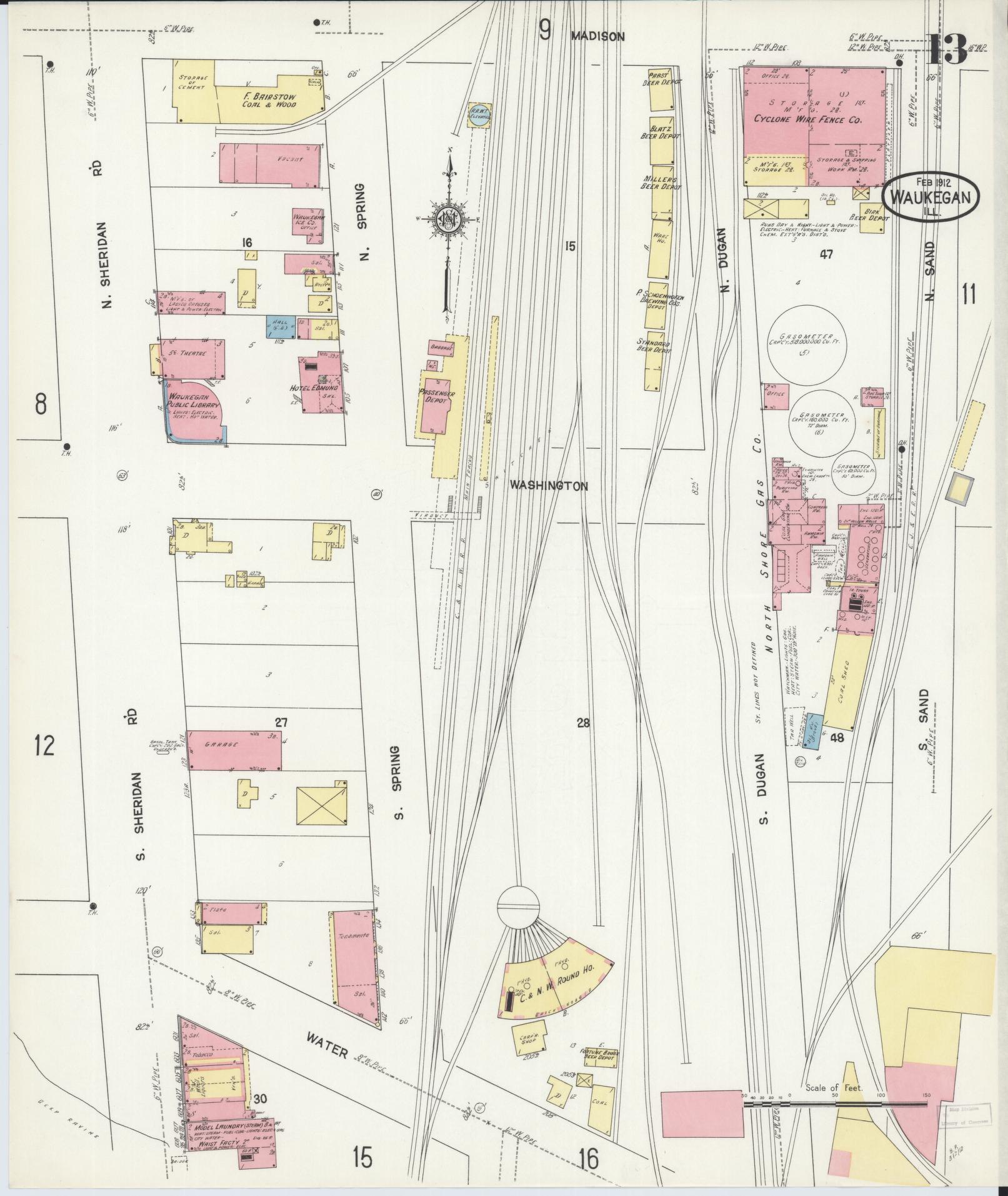 Sanborn Fire Insurance Map from Waukegan, Lake County, Illinois. (1912), Sheet 13 – Historic Sanborn Fire Insurance Map Print