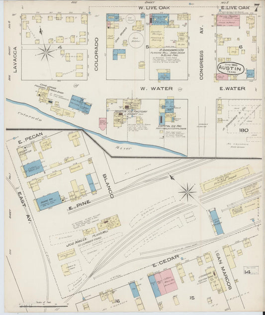 Sanborn Fire Insurance Map from Austin, Travis County, Texas (1885), Sheet #0007 - Historic Sanborn Fire Insurance Map Print, vintage old map wall art, antique decor, genealogy gift, Texas Texas map