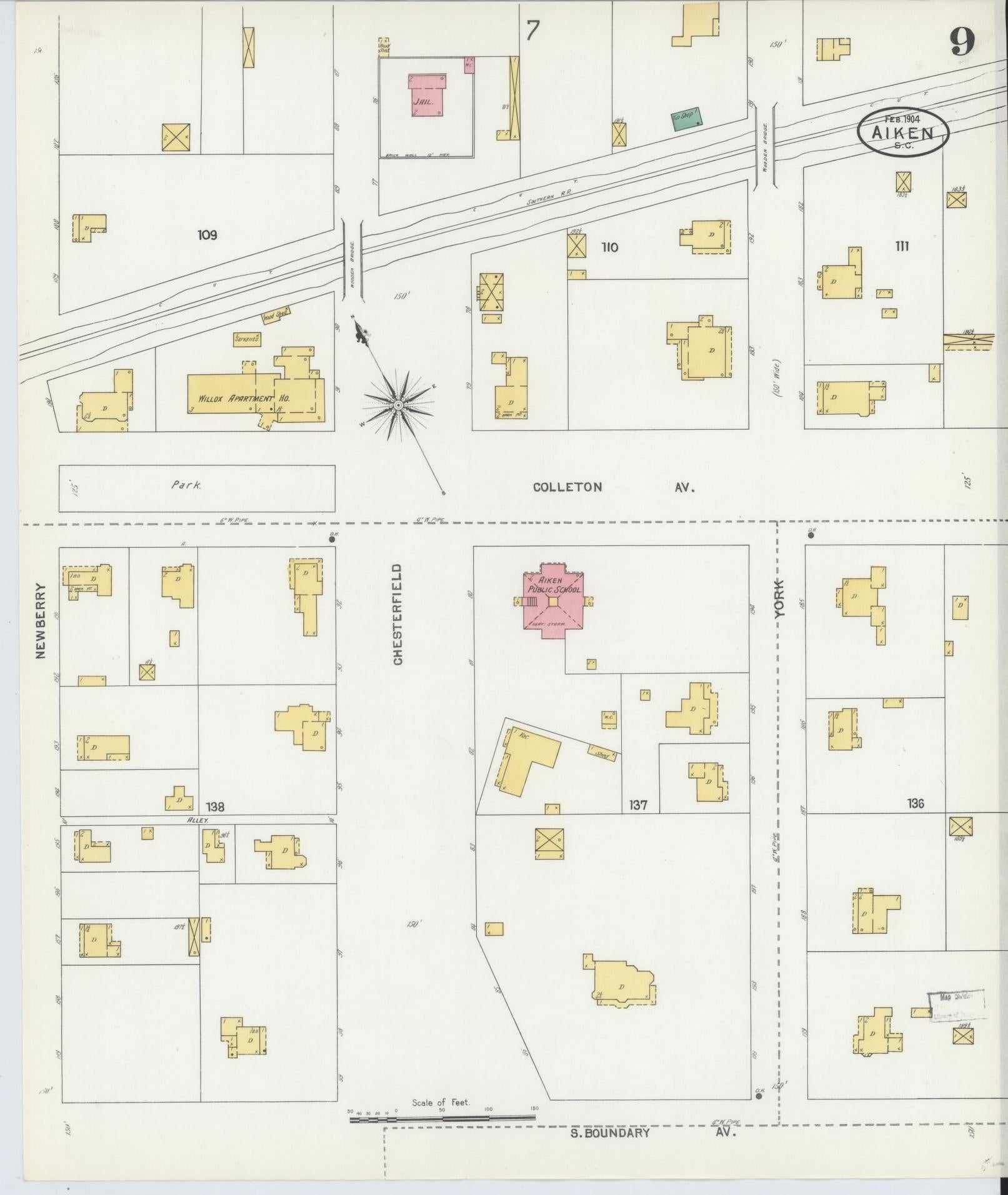 Sanborn Fire Insurance Map from Aiken, Aiken County, South Carolina (1904), Sheet #0009 - Complete Map Set gallery image, historic Sanborn map, vintage wall art, South Carolina South Carolina