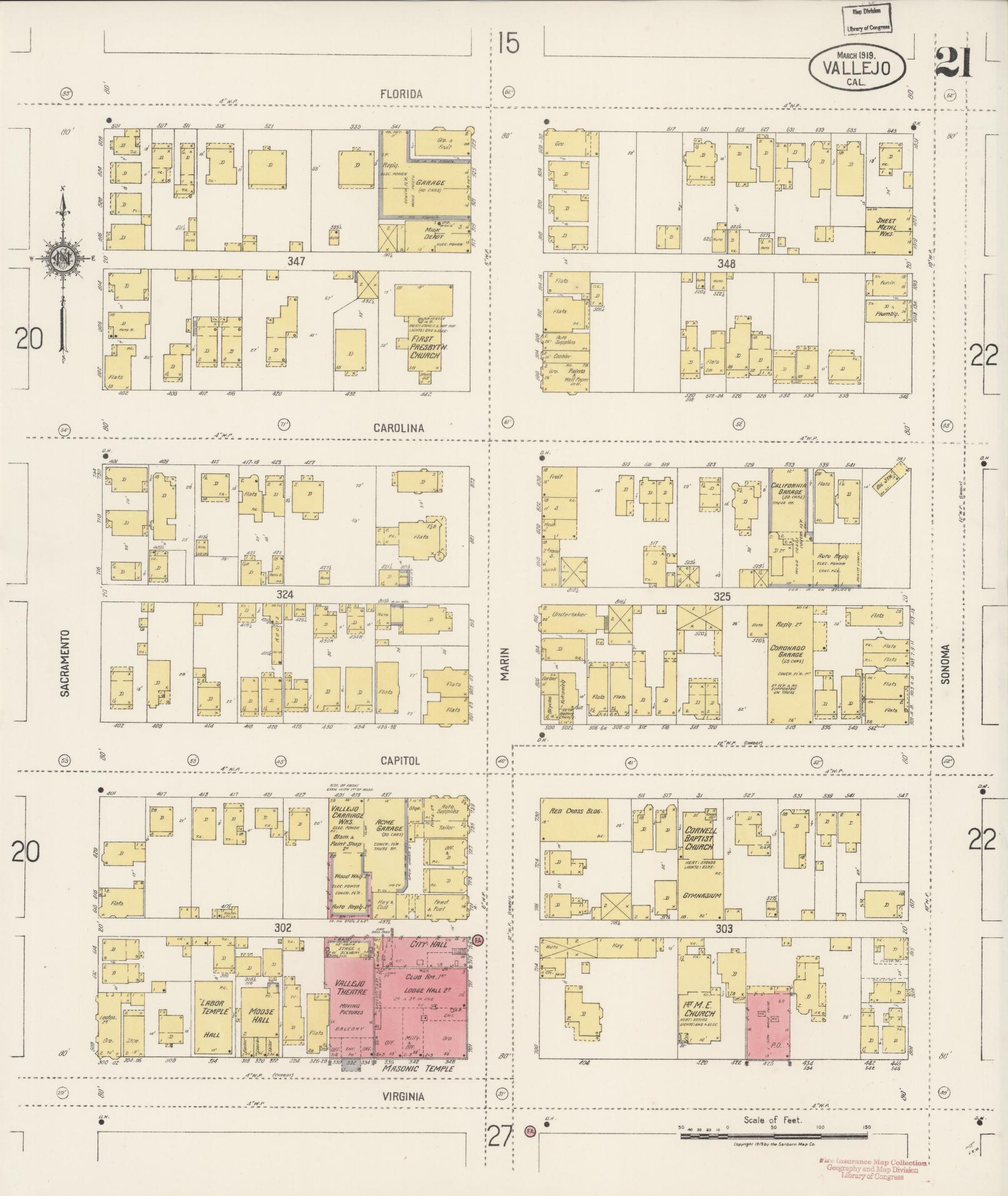 Sanborn Fire Insurance Map from Vallejo, Solano County, California (1919), Sheet #0021 - Complete Map Set gallery image, historic Sanborn map, vintage wall art, California California