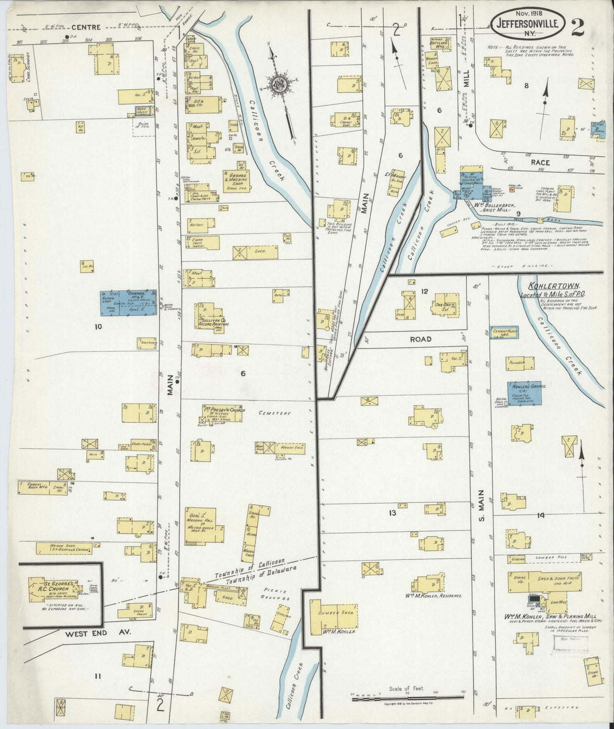 Sanborn Fire Insurance Map from Jeffersonville, Sullivan County, New York (1918), Sheet #0002 - Complete Map Set gallery image, historic Sanborn map, vintage wall art, New York New York