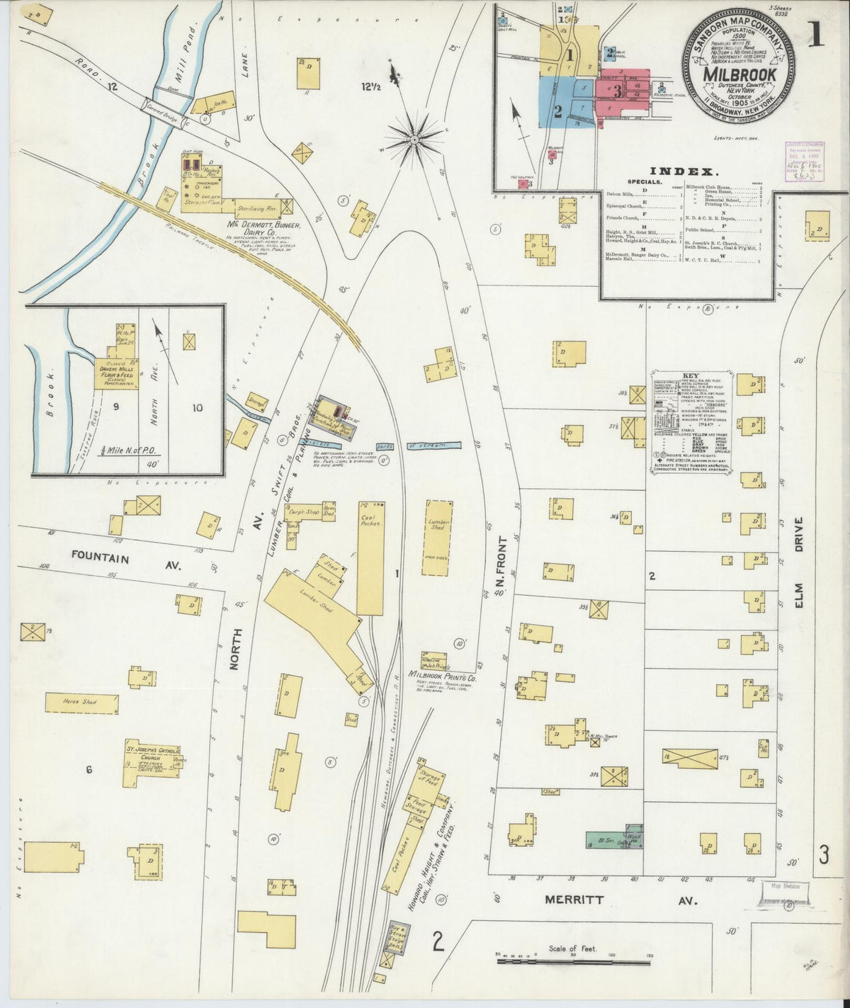 Sanborn Fire Insurance Map from Millbrook, Dutchess County, New York (1905), Sheet #0001 - Historic Sanborn Fire Insurance Map Print, vintage old map wall art, antique decor, genealogy gift, New York New York map
