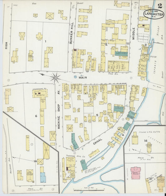Sanborn Fire Insurance Map from Lancaster, Coos County, New Hampshire (1892), Sheet #0002 - Historic Sanborn Fire Insurance Map Print, vintage old map wall art, antique decor, genealogy gift, New Hampshire New Hampshire map