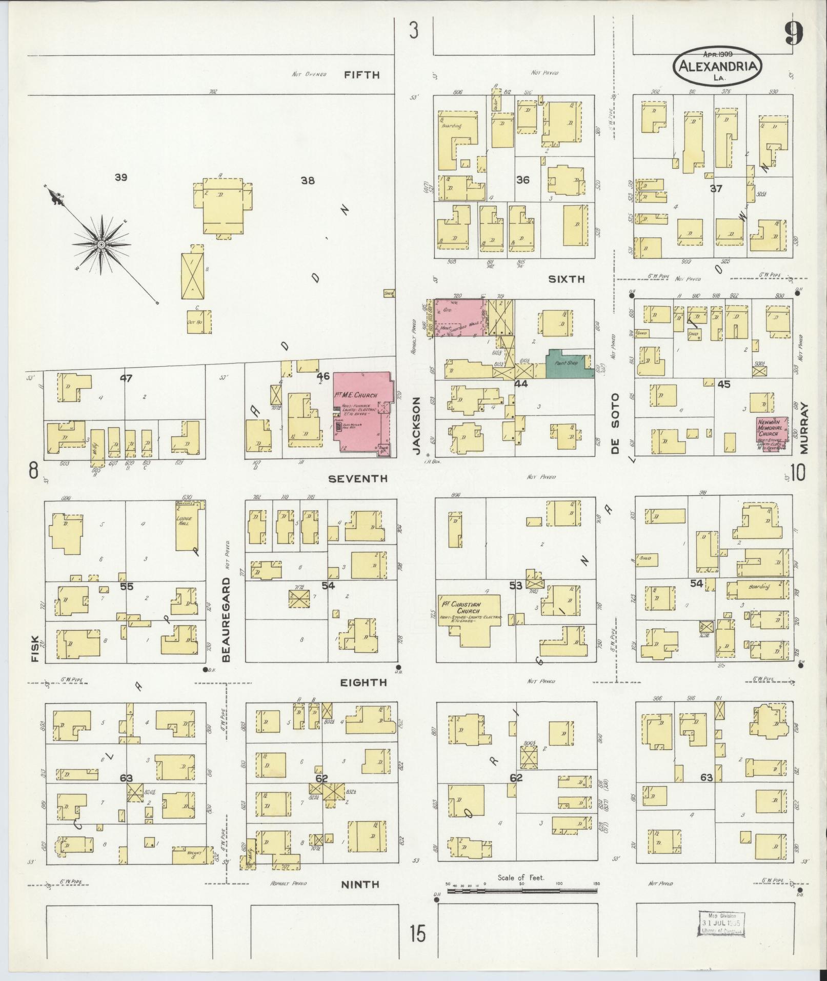 Sanborn Fire Insurance Map from Alexandria, Rapides Parish, Louisiana (1909), Sheet #0009 - Complete Map Set gallery image, historic Sanborn map, vintage wall art, Louisiana Louisiana