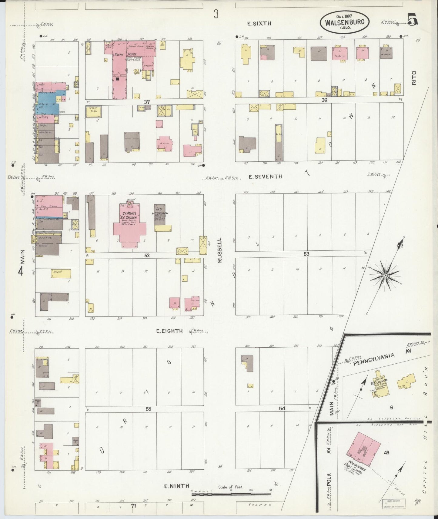 Sanborn Fire Insurance Map from Walsenburg, Huerfano County, Colorado (1907), Sheet #0005 - Historic Sanborn Fire Insurance Map Print, vintage old map wall art, antique decor, genealogy gift, Colorado Colorado map