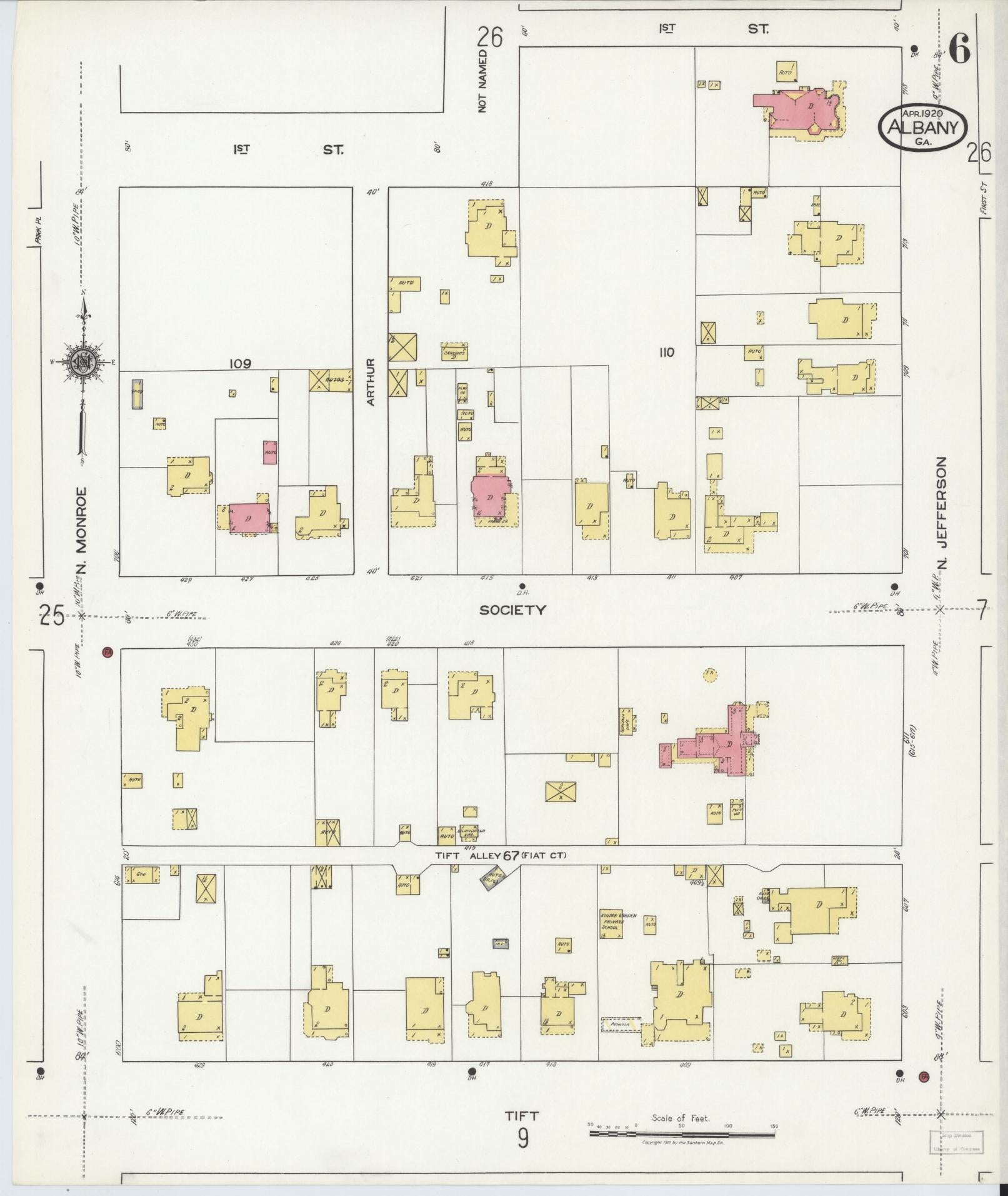 Sanborn Fire Insurance Map from Albany, Dougherty County, Georgia (1920), Sheet #0006 - Historic Sanborn Fire Insurance Map Print, vintage old map wall art, antique decor, genealogy gift, Georgia Georgia map