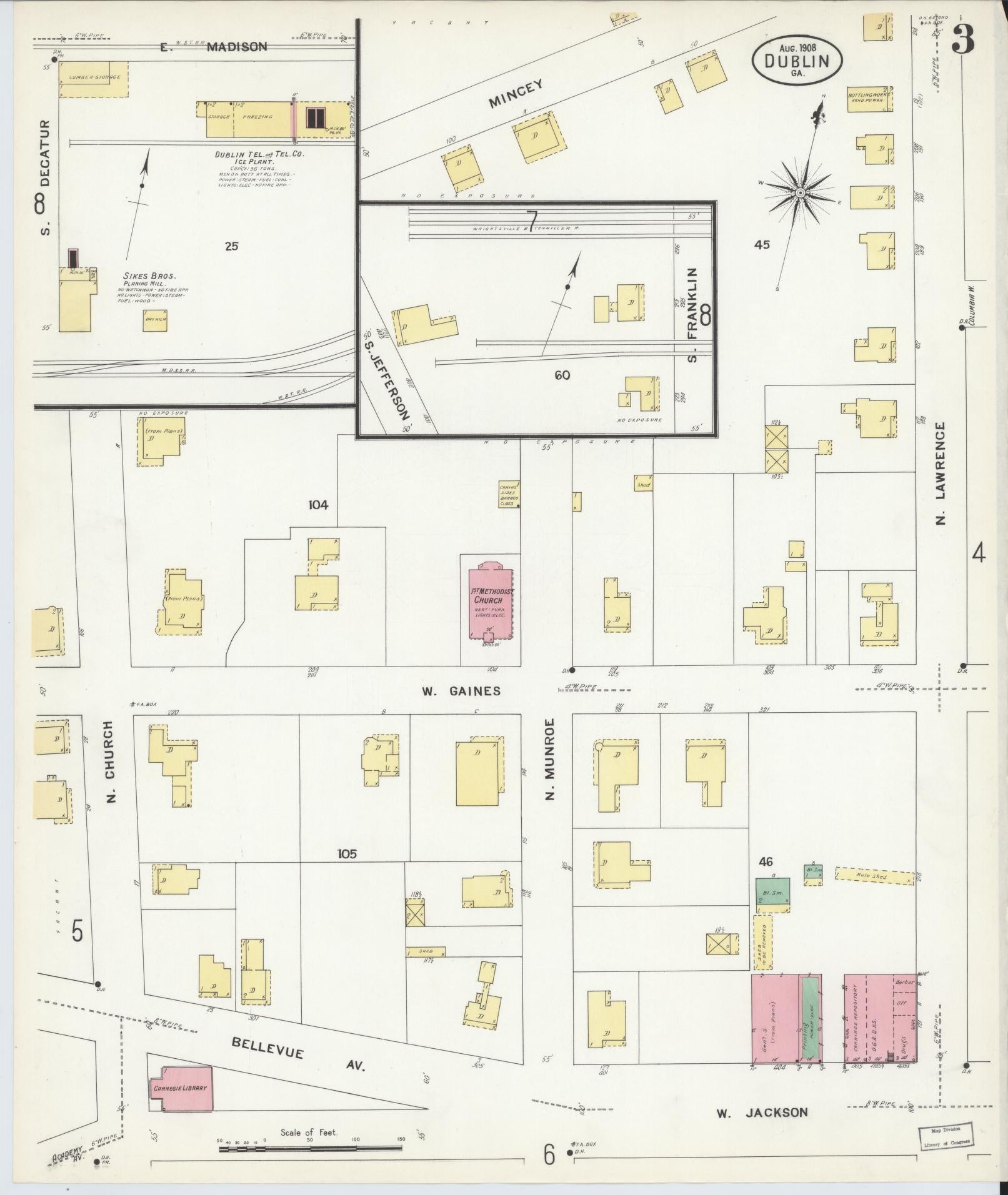 Sanborn Fire Insurance Map from Dublin, Laurens County, Georgia (1908), Sheet #0003 - Complete Map Set gallery image, historic Sanborn map, vintage wall art, Georgia Georgia