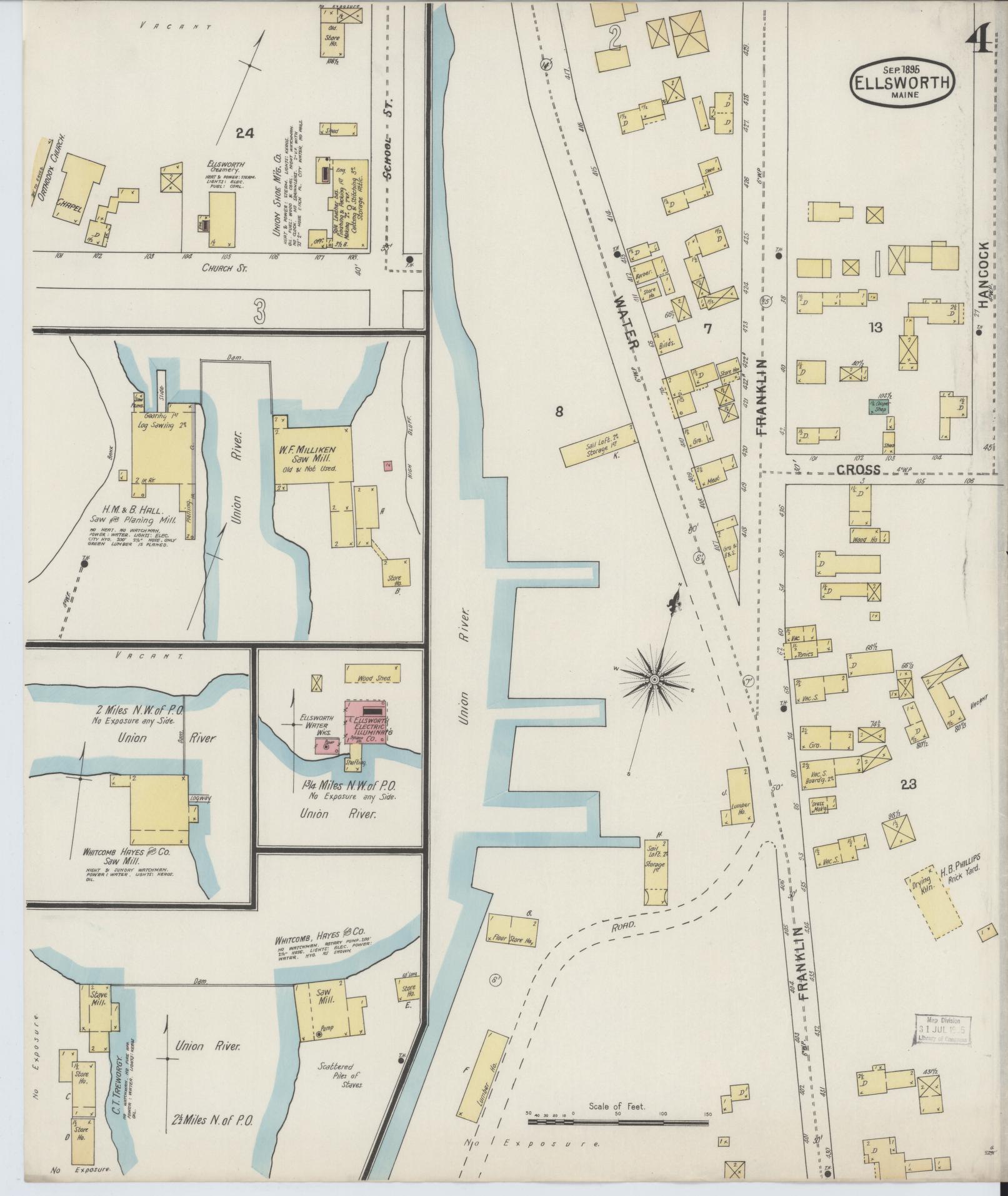 Sanborn Fire Insurance Map from Ellsworth, Hancock County, Maine (1895), Sheet #0004 - Historic Sanborn Fire Insurance Map Print, vintage old map wall art, antique decor, genealogy gift, Maine Maine map