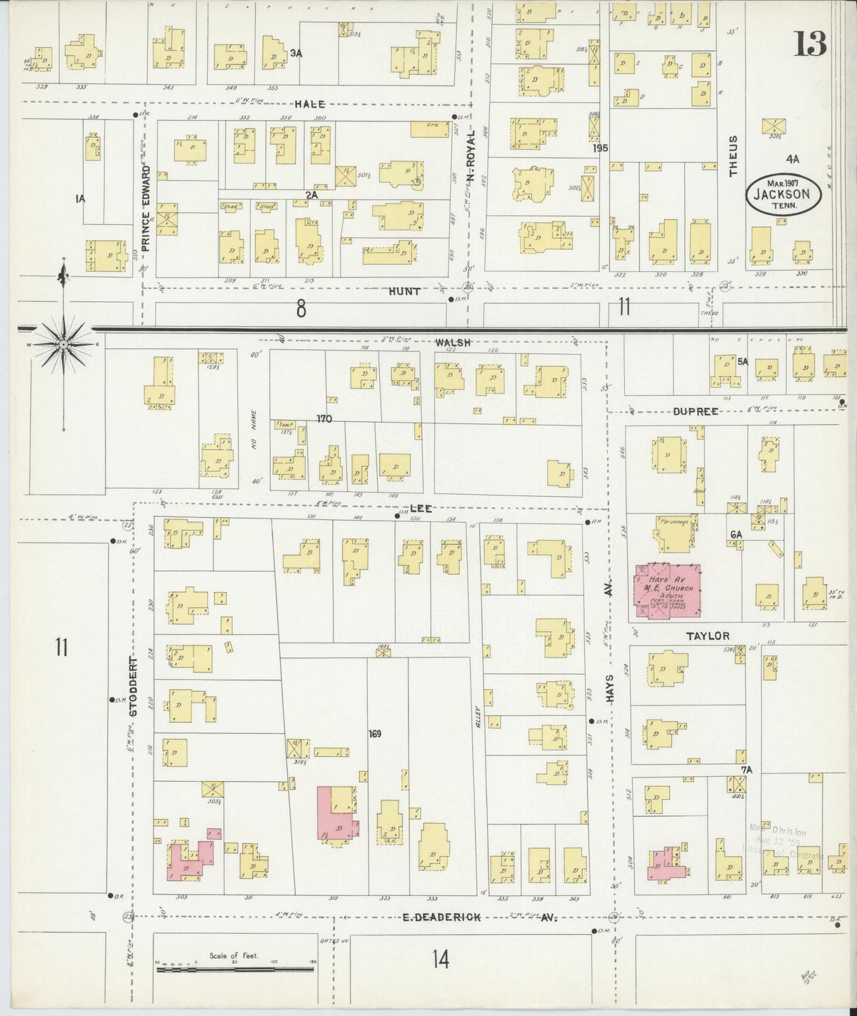 Sanborn Fire Insurance Map from Jackson, Madison County, Tennessee (1907), Sheet #0013 - Historic Sanborn Fire Insurance Map Print, vintage old map wall art, antique decor, genealogy gift, Tennessee Tennessee map