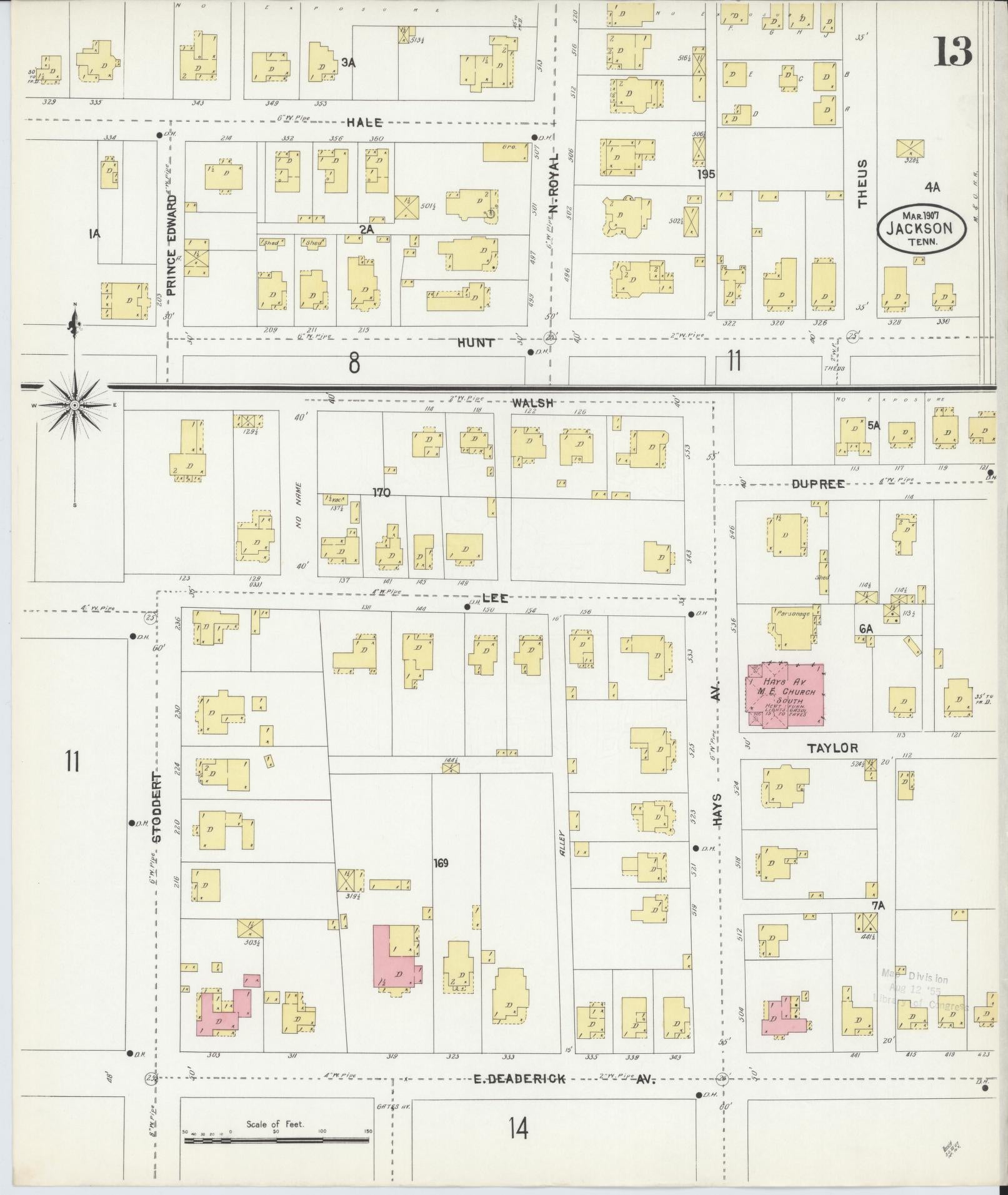 Sanborn Fire Insurance Map from Jackson, Madison County, Tennessee (1907), Sheet #0013 - Historic Sanborn Fire Insurance Map Print, vintage old map wall art, antique decor, genealogy gift, Tennessee Tennessee map