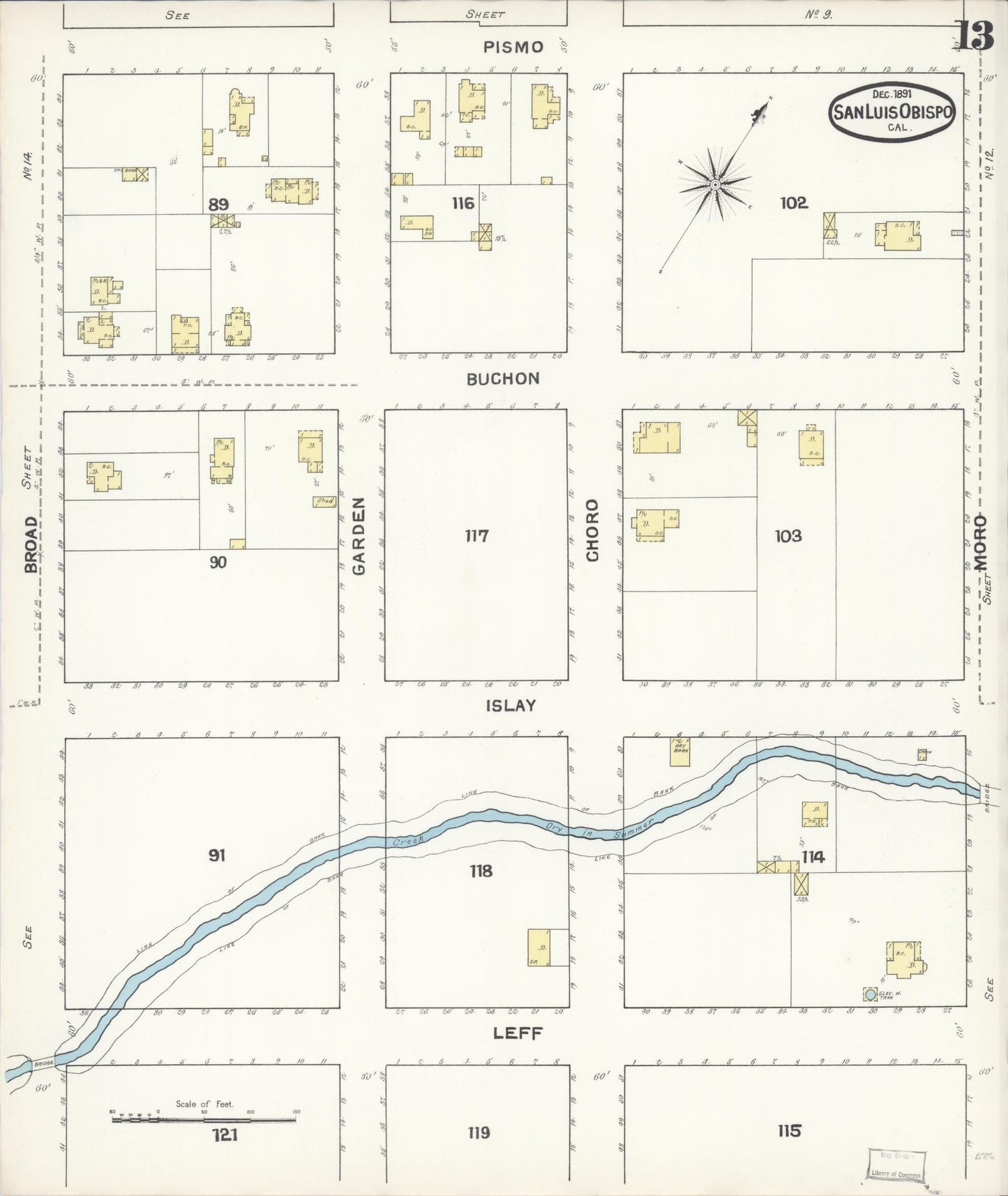 Sanborn Fire Insurance Map from San Luis Obispo, San Luis Obispo County, California (1891), Sheet #0013 - Complete Map Set gallery image, historic Sanborn map, vintage wall art, California California