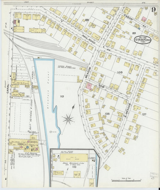 Sanborn Fire Insurance Map from Stamford, Fairfield County, Connecticut (1892), Sheet #0009 - Historic Sanborn Fire Insurance Map Print, vintage old map wall art, antique decor, genealogy gift, Connecticut Connecticut map