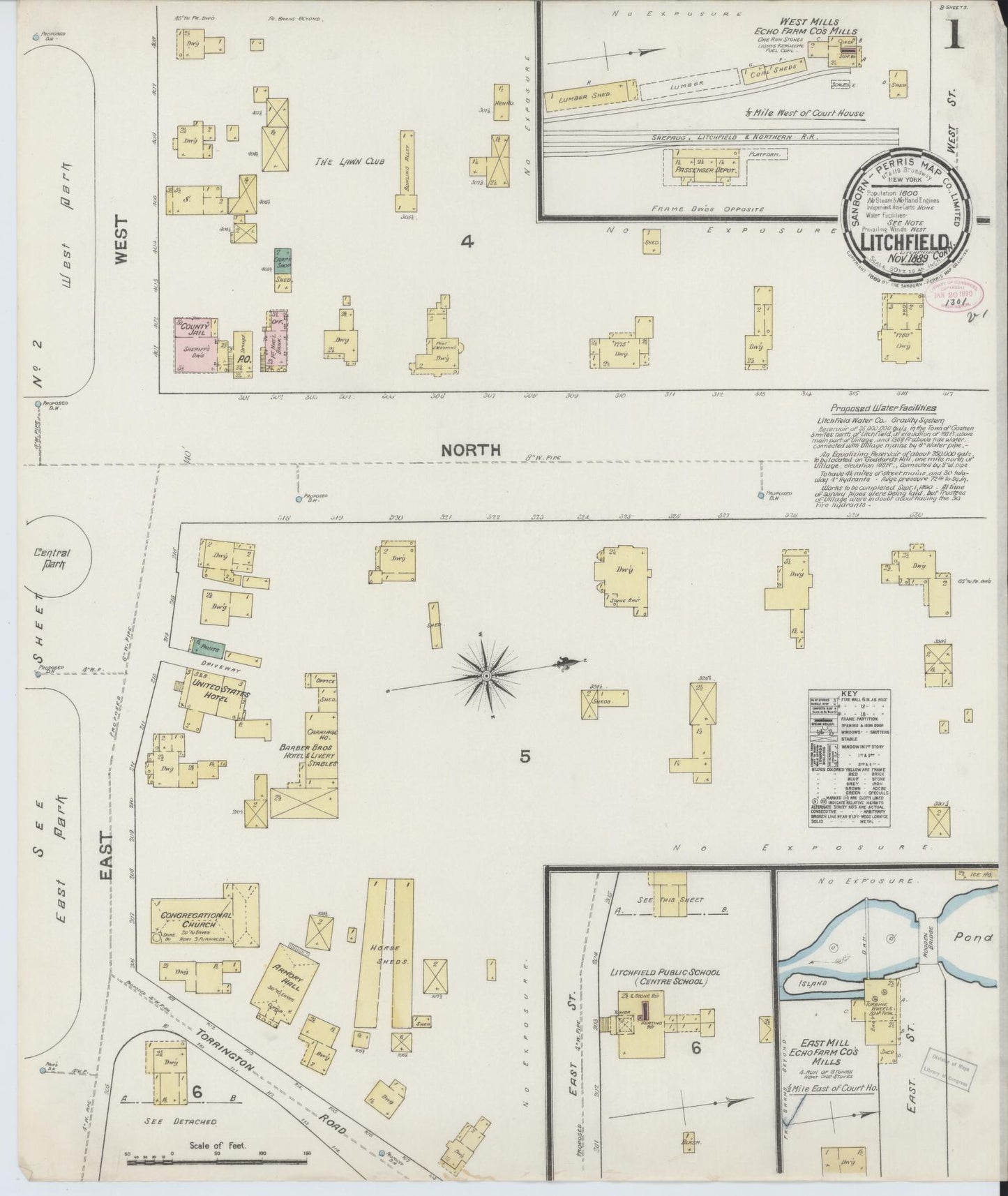 Sanborn Fire Insurance Map from Litchfield, Litchfield County, Connecticut (1889), Sheet #0001 - Complete Map Set gallery image, historic Sanborn map, vintage wall art, Connecticut Connecticut