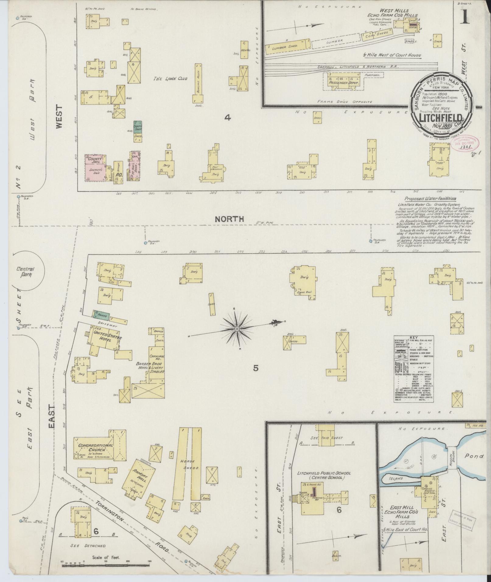Sanborn Fire Insurance Map from Litchfield, Litchfield County, Connecticut (1889), Sheet #0001 - Complete Map Set gallery image, historic Sanborn map, vintage wall art, Connecticut Connecticut