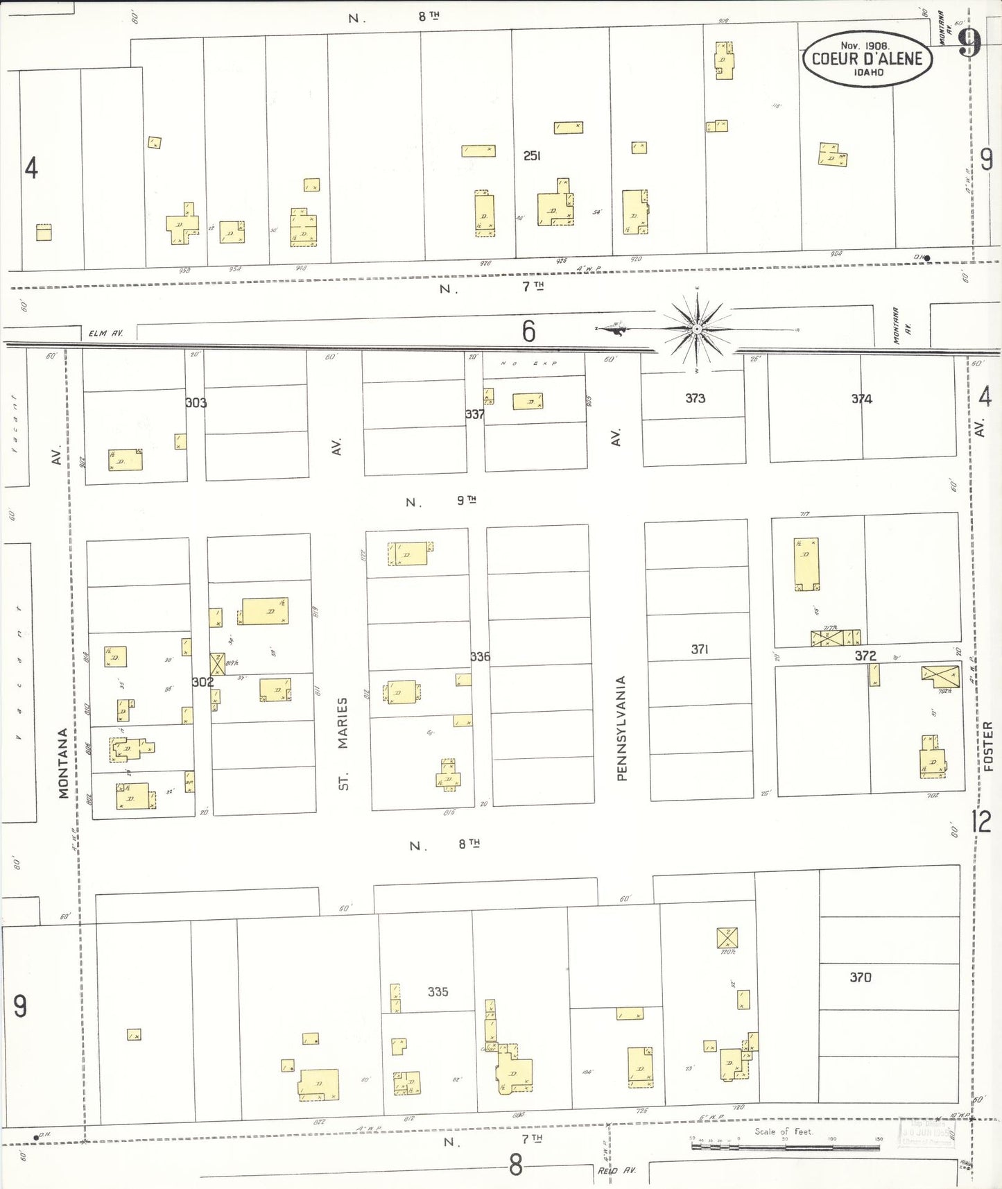 Sanborn Fire Insurance Map from Coeur D'alene, Kootenai County, Idaho (1908), Sheet #0009 - Historic Sanborn Fire Insurance Map Print, vintage old map wall art, antique decor, genealogy gift, Idaho Idaho map