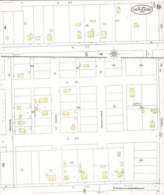 Sanborn Fire Insurance Map from Coeur D'alene, Kootenai County, Idaho (1908), Sheet #0009 - Historic Sanborn Fire Insurance Map Print, vintage old map wall art, antique decor, genealogy gift, Idaho Idaho map