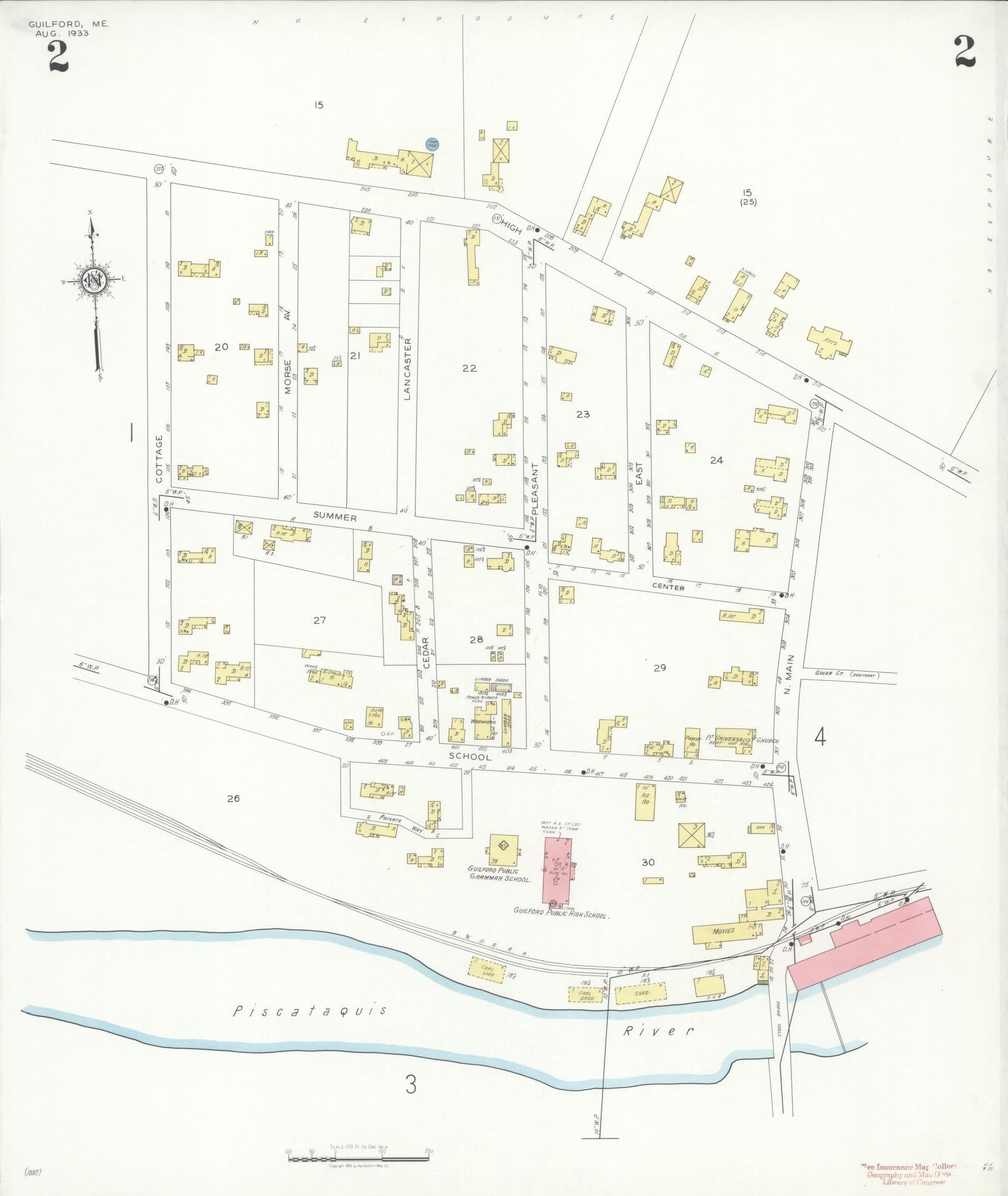 Sanborn Fire Insurance Map from Guilford, Piscataquis County, Maine (1933), Sheet #0002 - Historic Sanborn Fire Insurance Map Print, vintage old map wall art, antique decor, genealogy gift, Maine Maine map