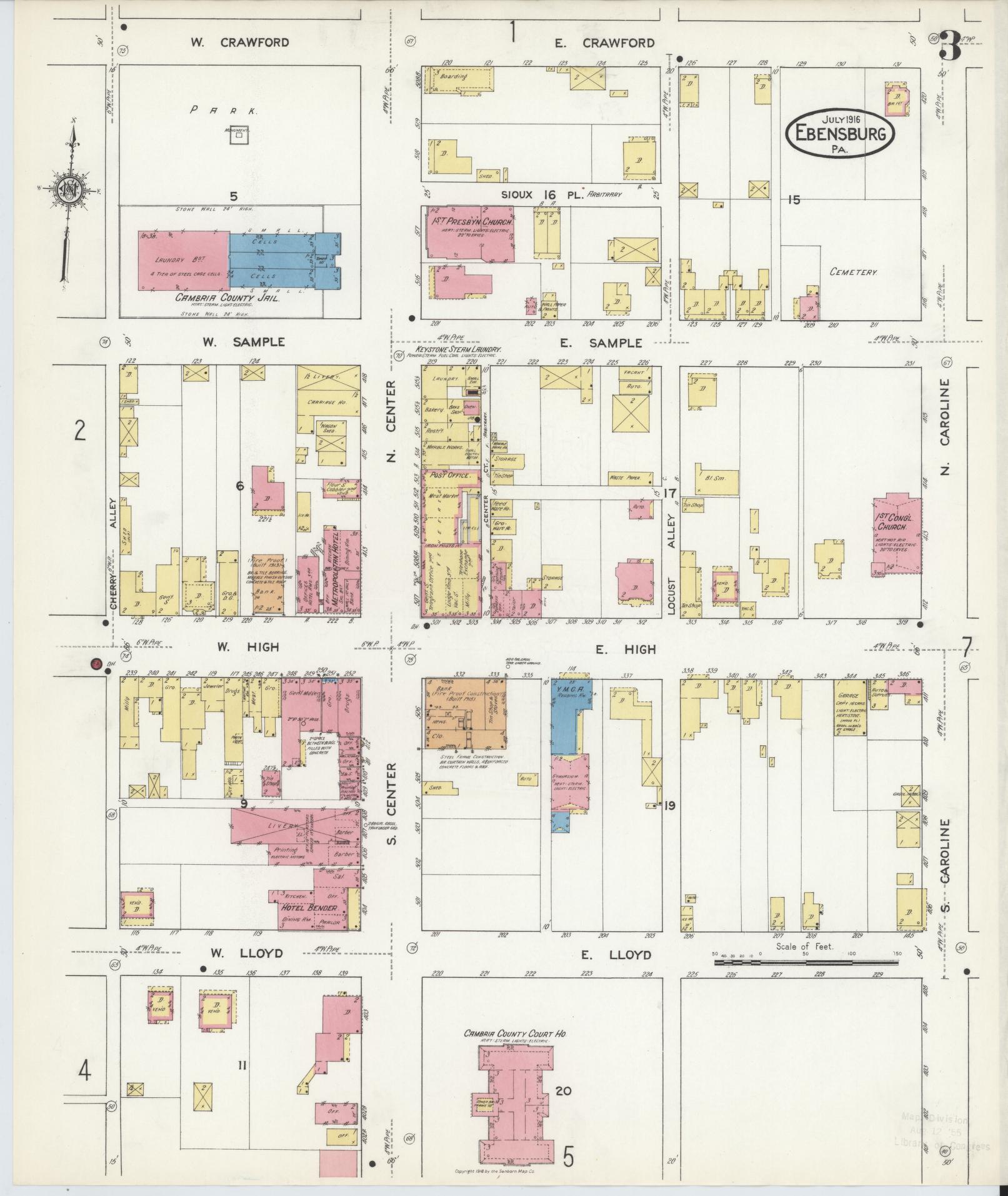 Sanborn Fire Insurance Map from Ebensburg, Cambria County, Pennsylvania (1916), Sheet #0003 - Historic Sanborn Fire Insurance Map Print, vintage old map wall art, antique decor, genealogy gift, Pennsylvania Pennsylvania map
