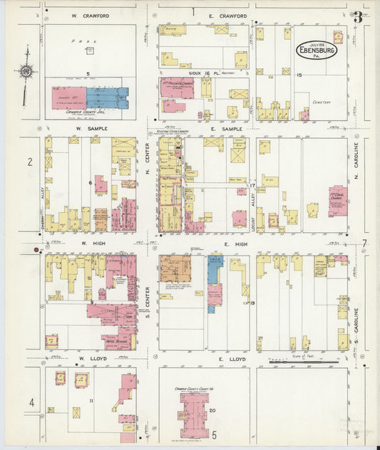 Sanborn Fire Insurance Map from Ebensburg, Cambria County, Pennsylvania (1916), Sheet #0003 - Historic Sanborn Fire Insurance Map Print, vintage old map wall art, antique decor, genealogy gift, Pennsylvania Pennsylvania map