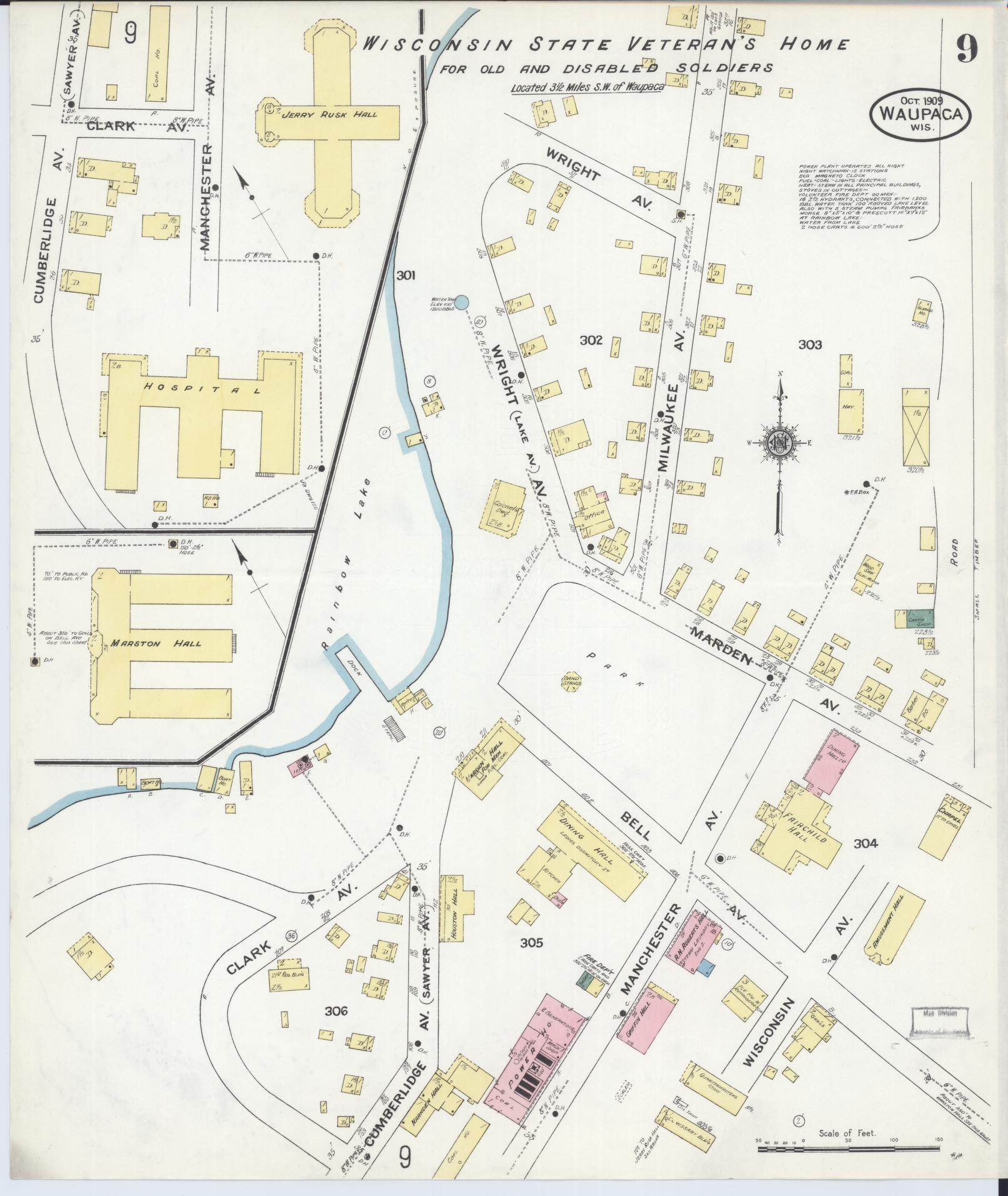 Sanborn Fire Insurance Map from Waupaca, Waupaca County, Wisconsin (1909), Sheet #0009 - Historic Sanborn Fire Insurance Map Print, vintage old map wall art, antique decor, genealogy gift, Wisconsin Wisconsin map