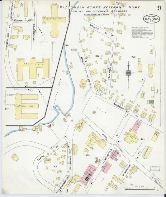 Sanborn Fire Insurance Map from Waupaca, Waupaca County, Wisconsin (1909), Sheet #0009 - Historic Sanborn Fire Insurance Map Print, vintage old map wall art, antique decor, genealogy gift, Wisconsin Wisconsin map