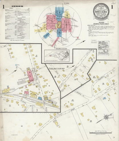 Sanborn Fire Insurance Map from Brevard, Transylvania County, North Carolina (1924), Sheet #0001 - Historic Sanborn Fire Insurance Map Print, vintage old map wall art, antique decor, genealogy gift, North Carolina North Carolina map