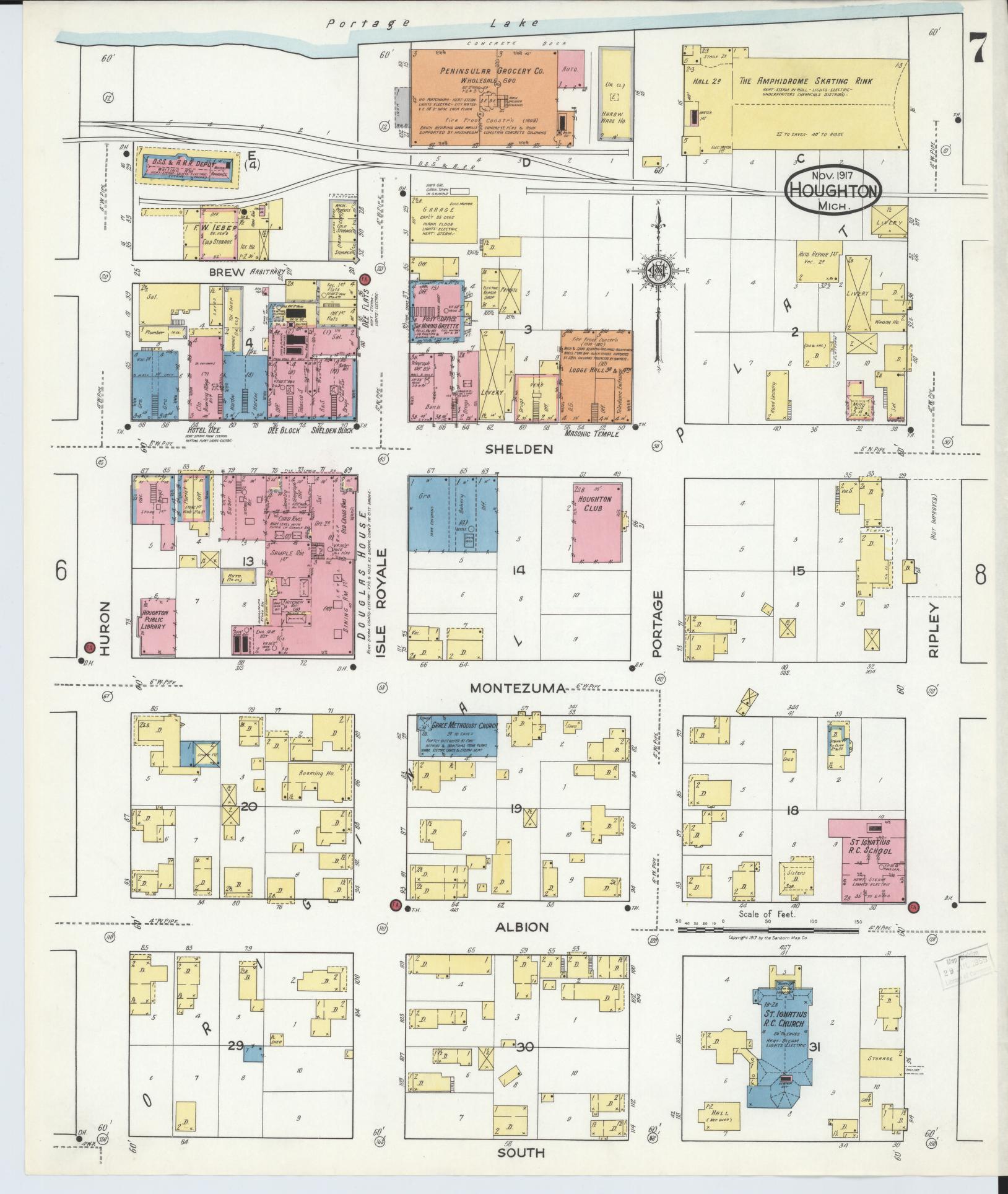Sanborn Fire Insurance Map from Houghton, Houghton County, Michigan (1917), Sheet #0007 - Historic Sanborn Fire Insurance Map Print, vintage old map wall art, antique decor, genealogy gift, Michigan Michigan map