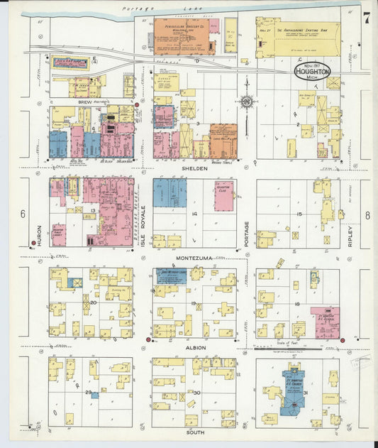 Sanborn Fire Insurance Map from Houghton, Houghton County, Michigan (1917), Sheet #0007 - Historic Sanborn Fire Insurance Map Print, vintage old map wall art, antique decor, genealogy gift, Michigan Michigan map