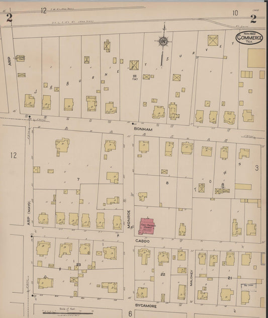 Sanborn Fire Insurance Map from Commerce, Hunt County, Texas (1922), Sheet #0002 - Historic Sanborn Fire Insurance Map Print, vintage old map wall art, antique decor, genealogy gift, Texas Texas map