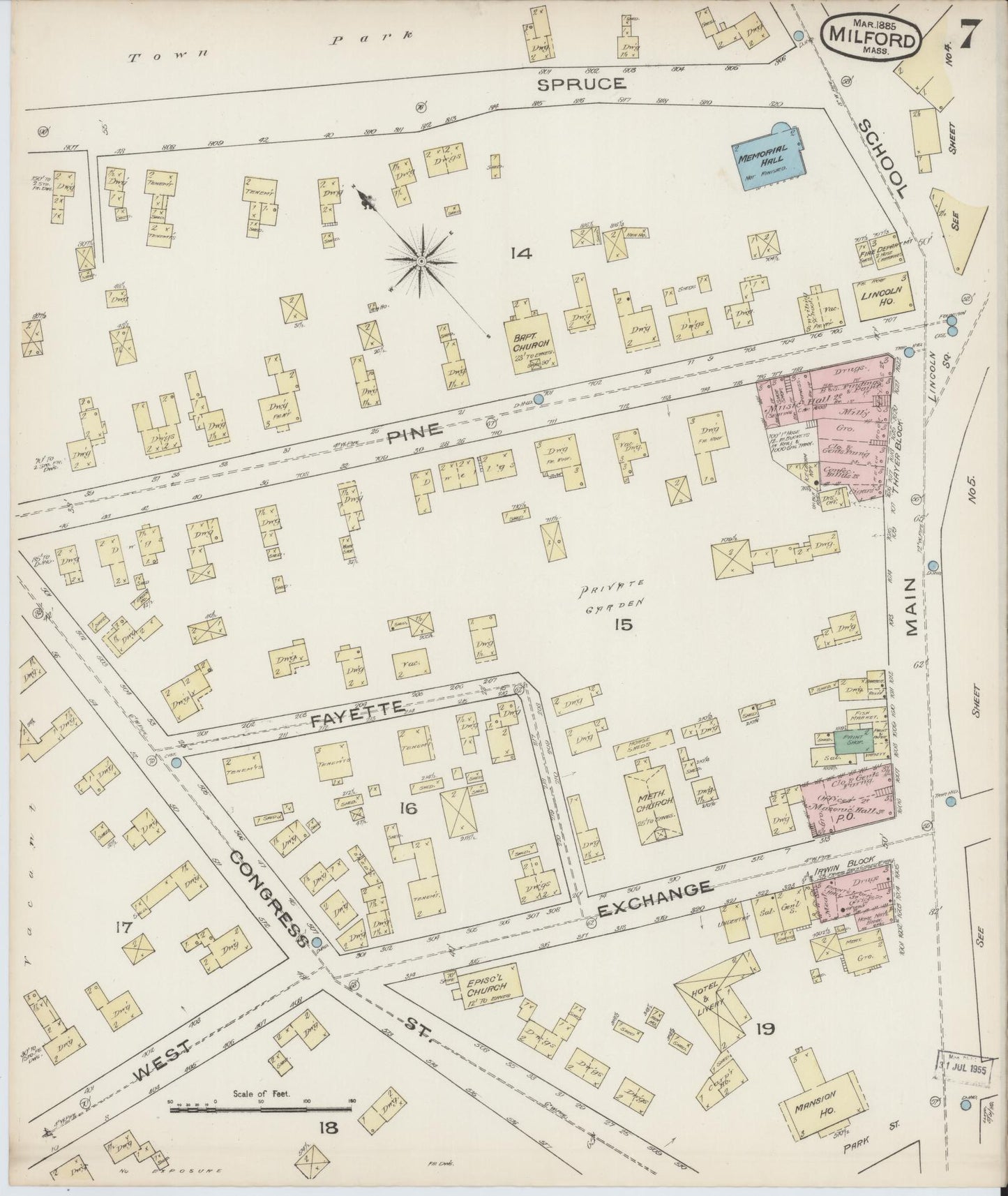 Sanborn Fire Insurance Map from Milford, Worcester County, Massachusetts (1885), Sheet #0007 - Complete Map Set gallery image, historic Sanborn map, vintage wall art, Massachusetts Massachusetts