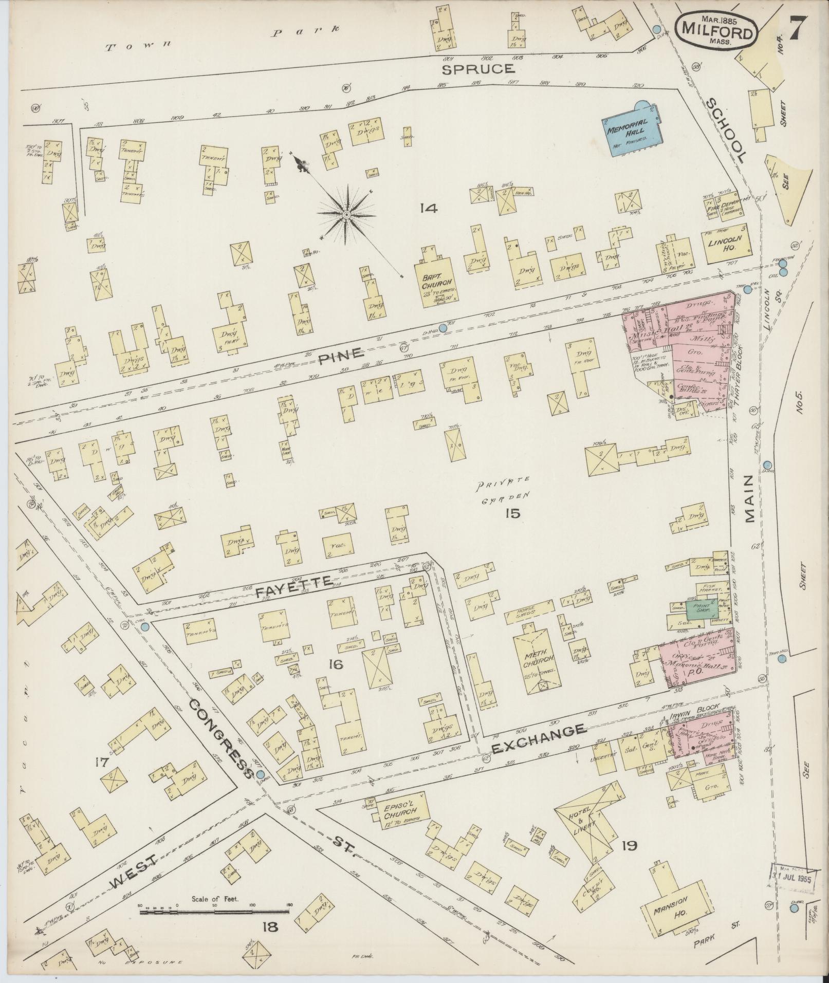 Sanborn Fire Insurance Map from Milford, Worcester County, Massachusetts (1885), Sheet #0007 - Complete Map Set gallery image, historic Sanborn map, vintage wall art, Massachusetts Massachusetts