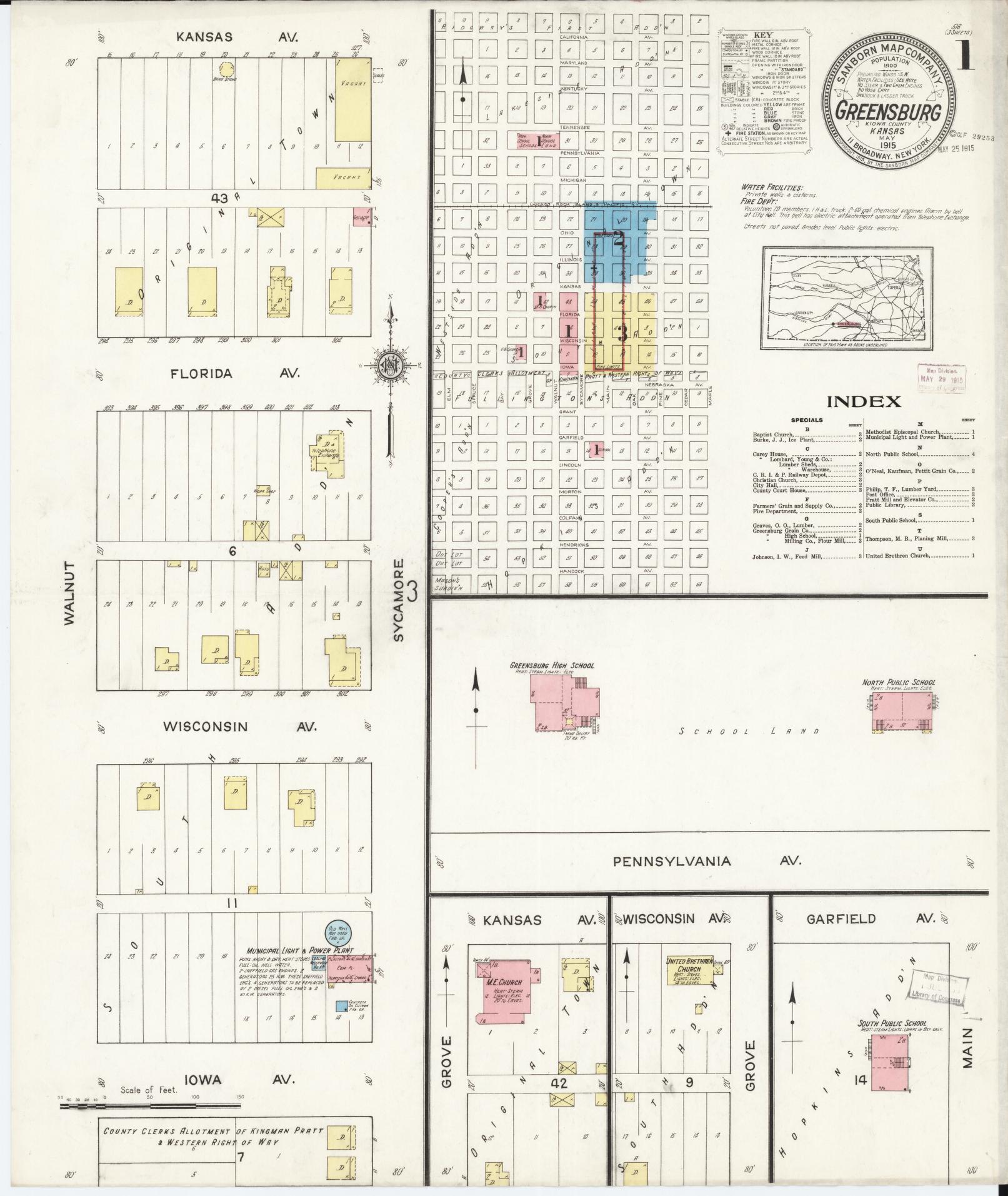 Sanborn Fire Insurance Map from Greensburg, Kiowa County, Kansas (1915), Sheet #0001 - Complete Map Set gallery image, historic Sanborn map, vintage wall art, Kansas Kansas