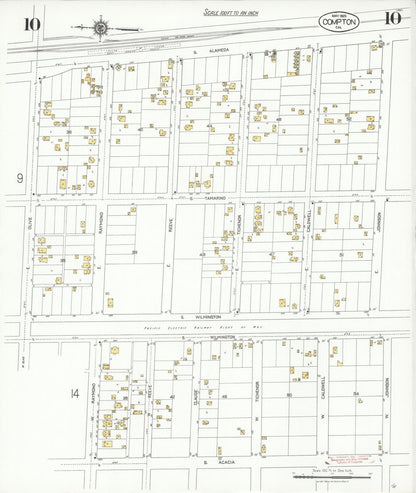 Sanborn Fire Insurance Map from Compton, Los Angeles County, California (1925), Sheet #0010 - Historic Sanborn Fire Insurance Map Print, vintage old map wall art, antique decor, genealogy gift, California California map