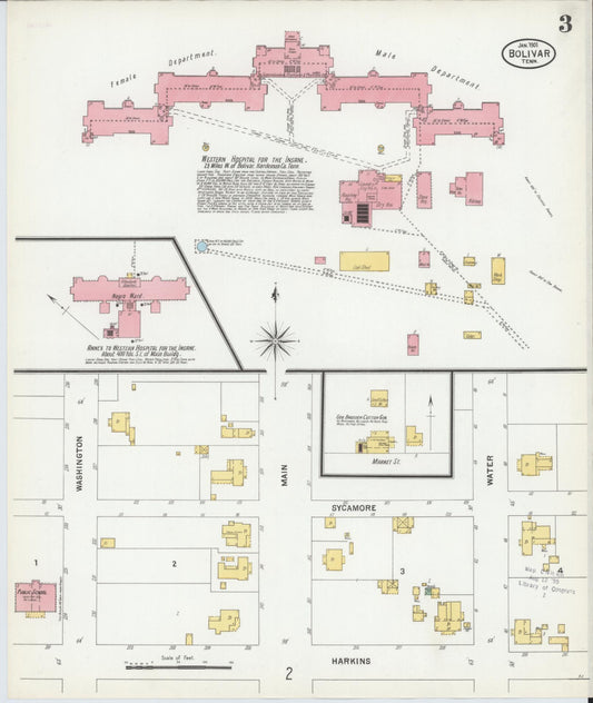 Sanborn Fire Insurance Map from Bolivar, Hardeman County, Tennessee (1901), Sheet #0003 - Historic Sanborn Fire Insurance Map Print, vintage old map wall art, antique decor, genealogy gift, Tennessee Tennessee map