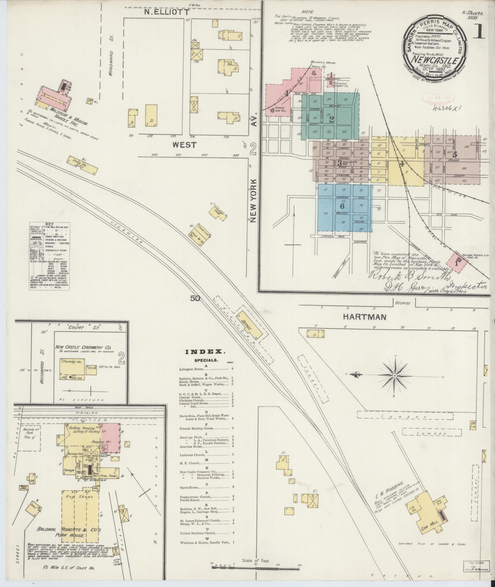 Sanborn Fire Insurance Map from New Castle, Henry County, Indiana (1892), Sheet #0001 - Historic Sanborn Fire Insurance Map Print, vintage old map wall art, antique decor, genealogy gift, Indiana Indiana map