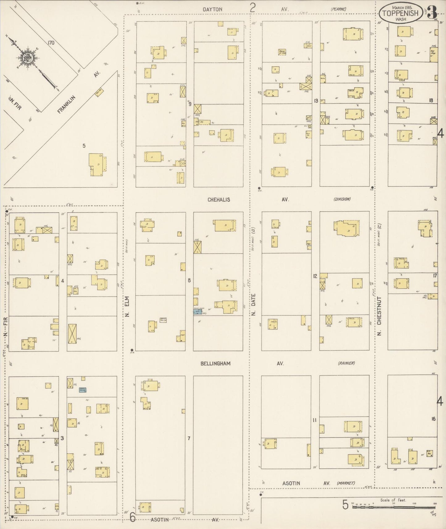 Sanborn Fire Insurance Map from Toppenish, Yakima County, Washington (1915), Sheet #0003 - Complete Map Set gallery image, historic Sanborn map, vintage wall art, Washington Washington