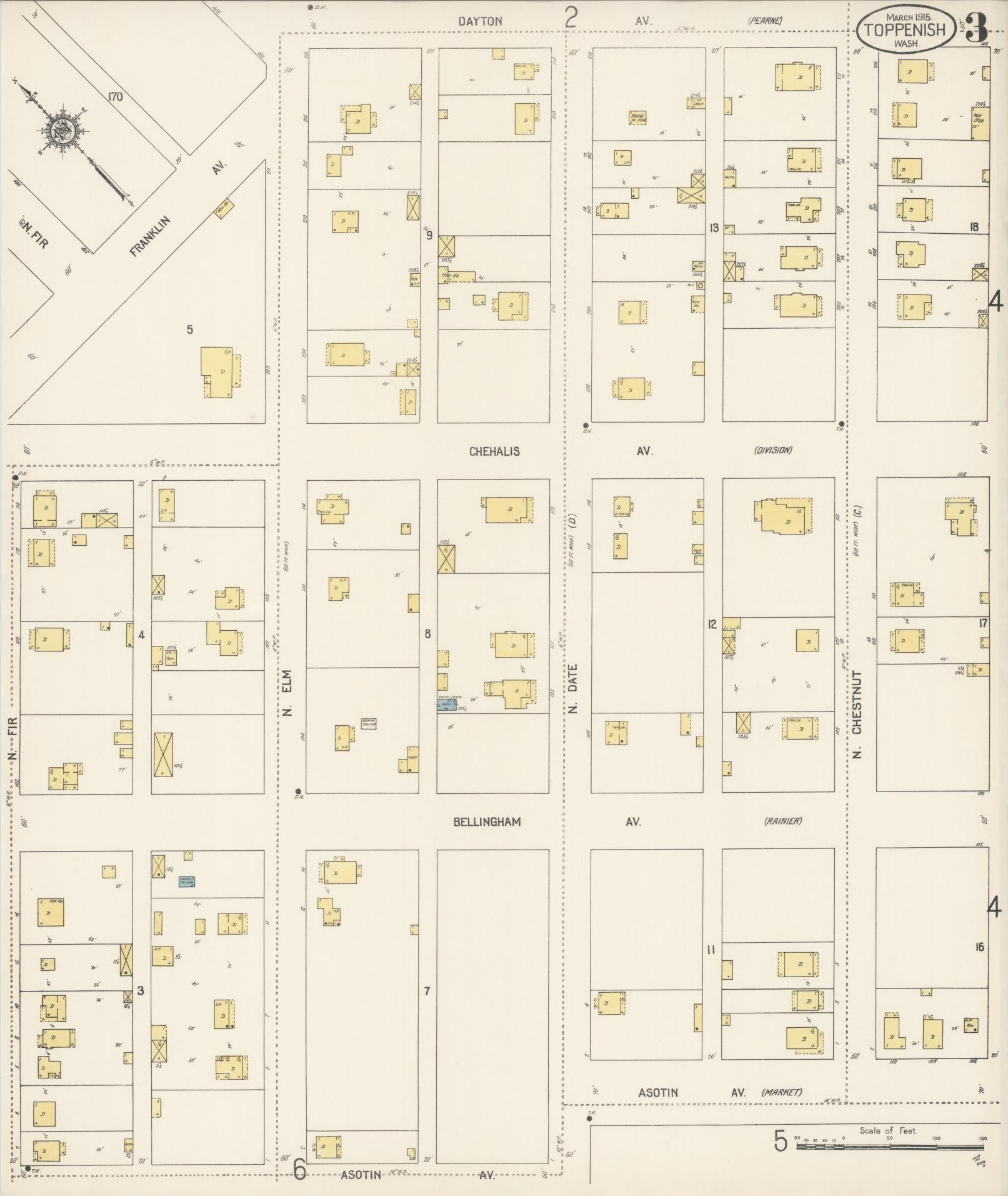 Sanborn Fire Insurance Map from Toppenish, Yakima County, Washington (1915), Sheet #0003 - Complete Map Set gallery image, historic Sanborn map, vintage wall art, Washington Washington